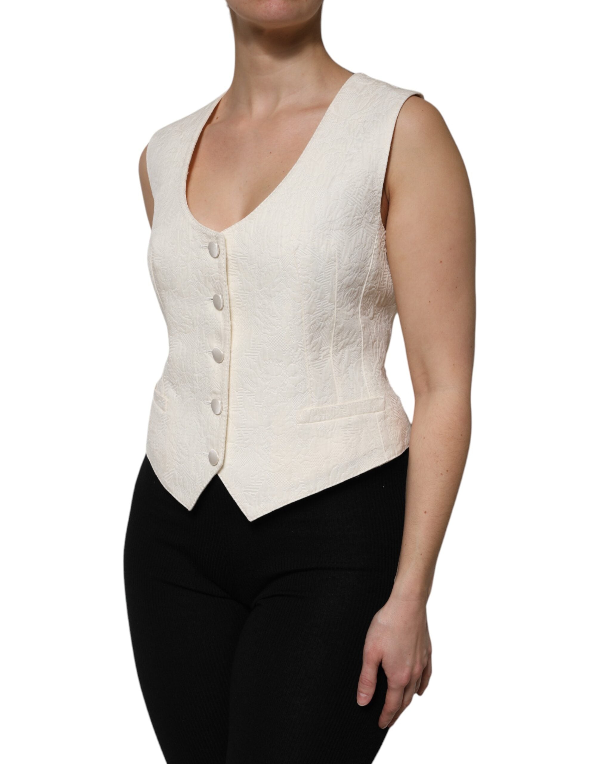 Dolce & Gabbana Ivory Cotton Button Down Sleeveless Vest Top Dolce & Gabbana