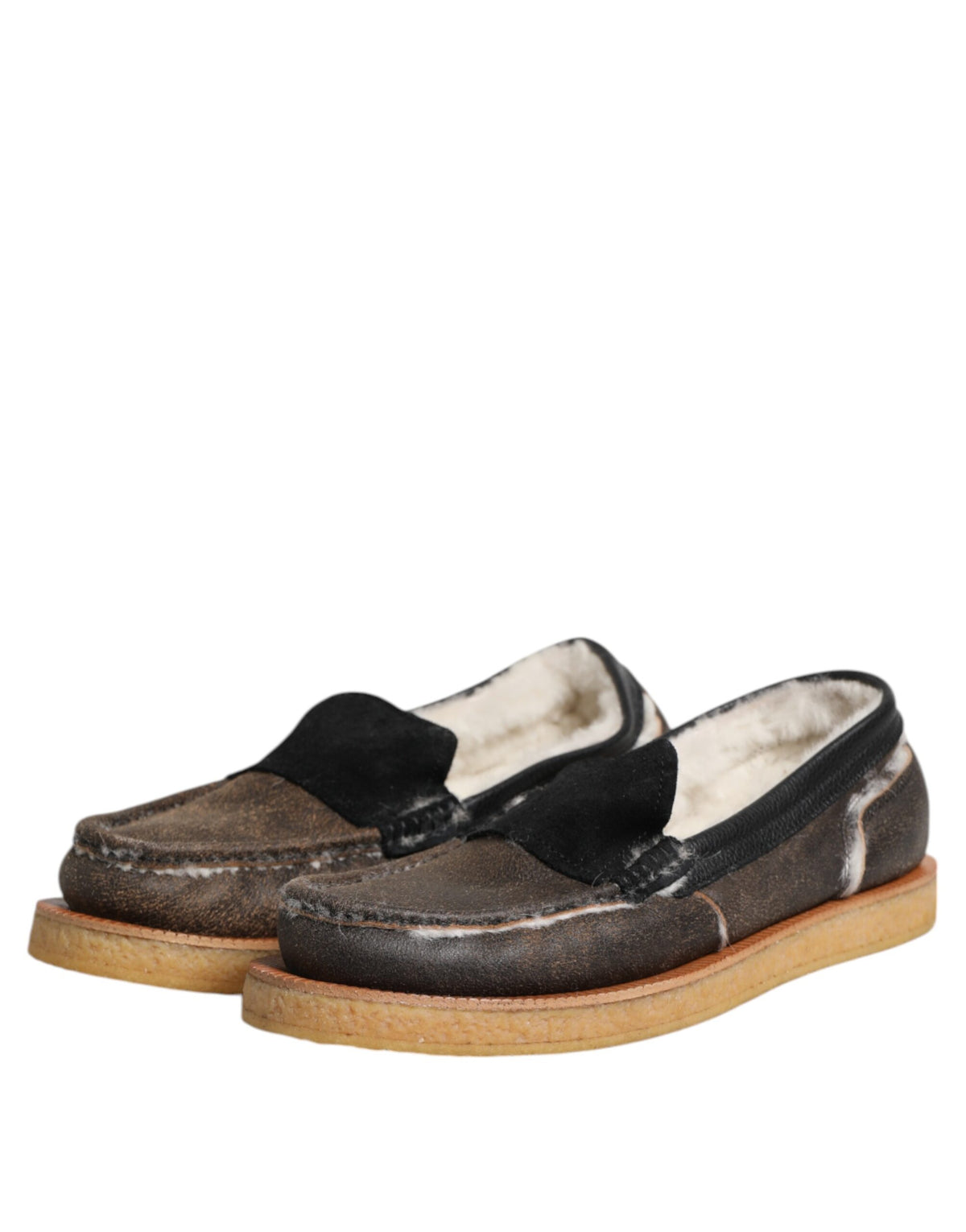 Dolce & Gabbana Brown White Calfskin Leather Loafers Shoes