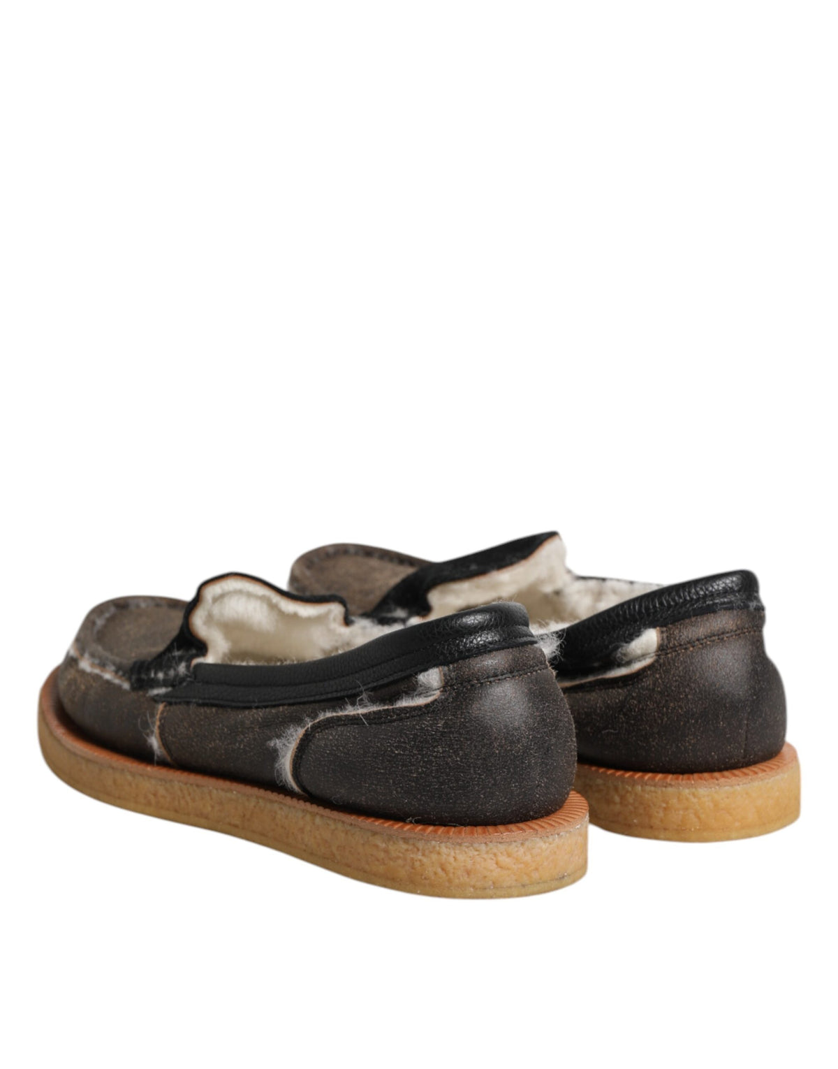 Dolce & Gabbana Brown White Calfskin Leather Loafers Shoes