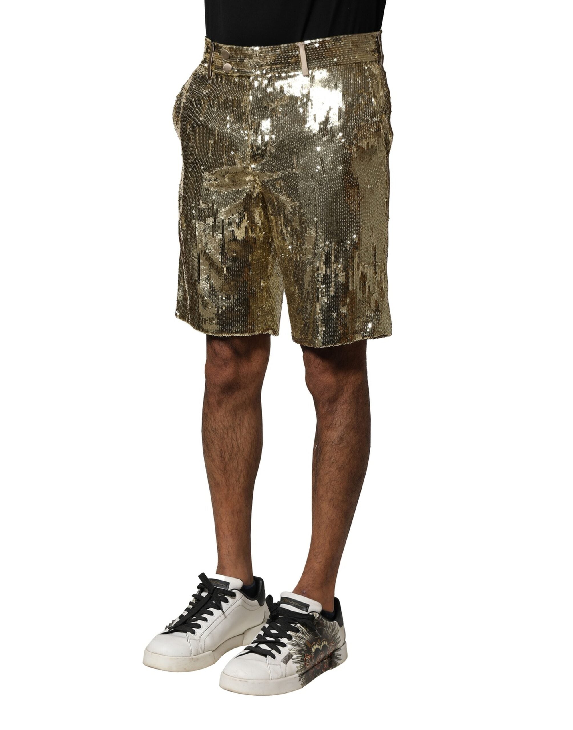 Dolce & Gabbana Gold Sequin Polyester Embellished Bermuda Shorts Dolce & Gabbana