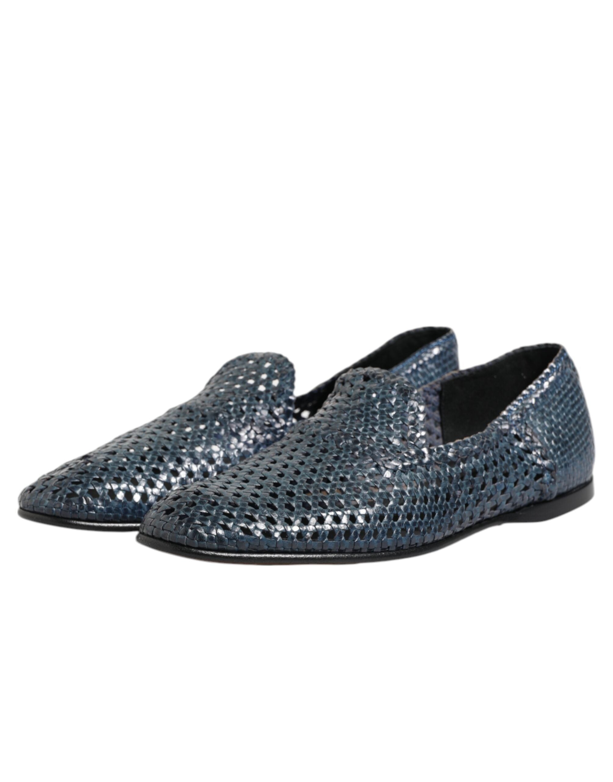 Dolce & Gabbana Blue Woven Leather Slip On Loafers Shoes Dolce & Gabbana