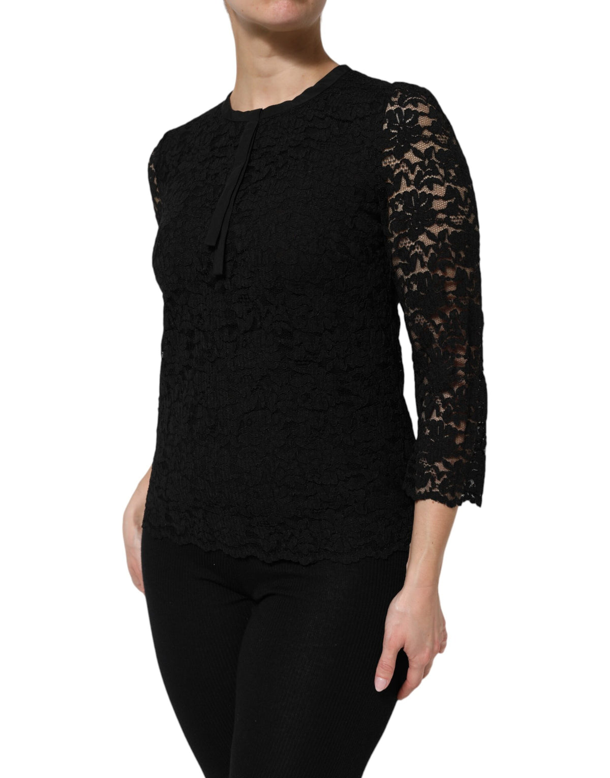 Dolce & Gabbana Black Nylon Lace Long Sleeve Blouse Top