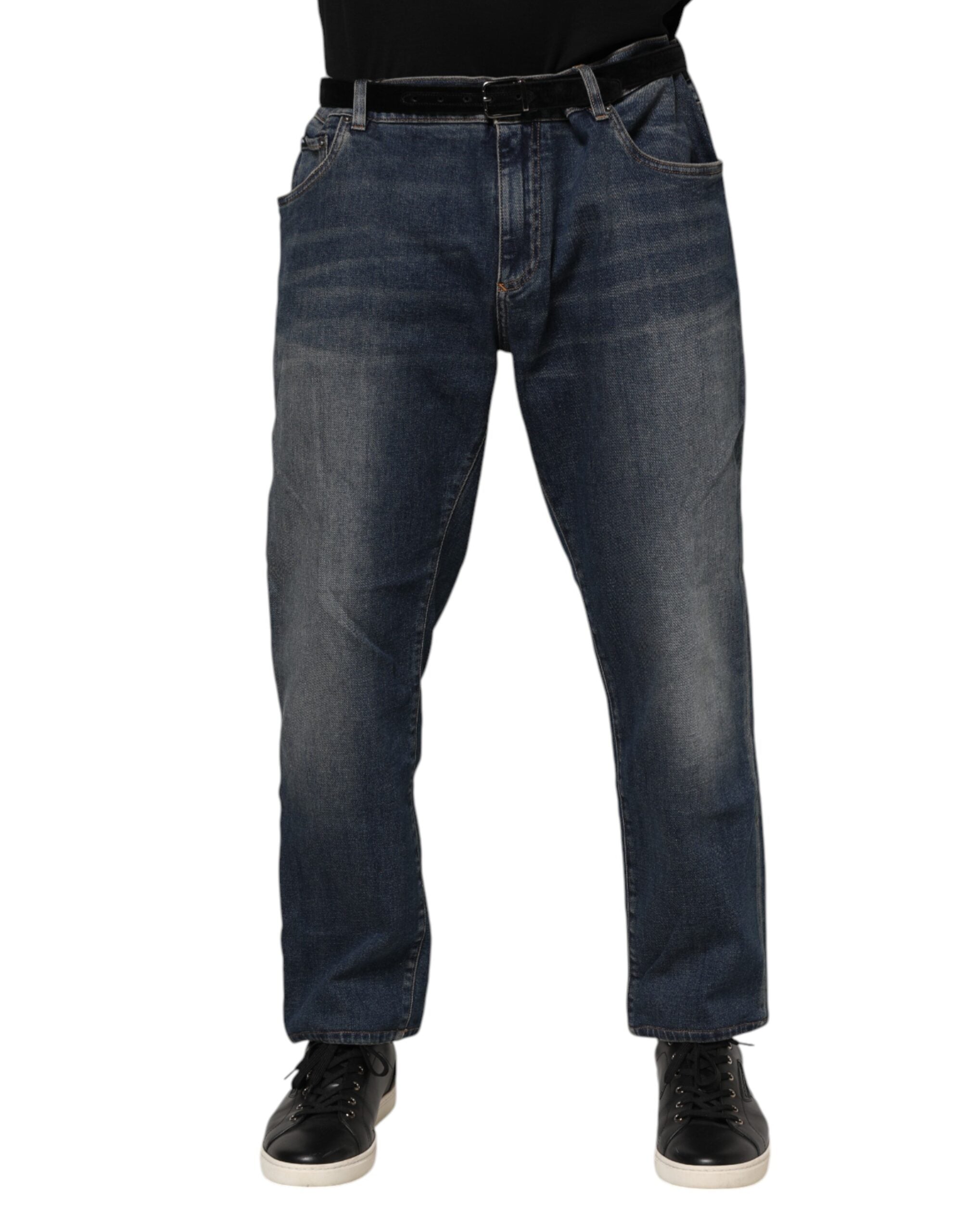 Dolce & Gabbana Blue Cotton Logo Plaque Slim Denim Jeans Dolce & Gabbana