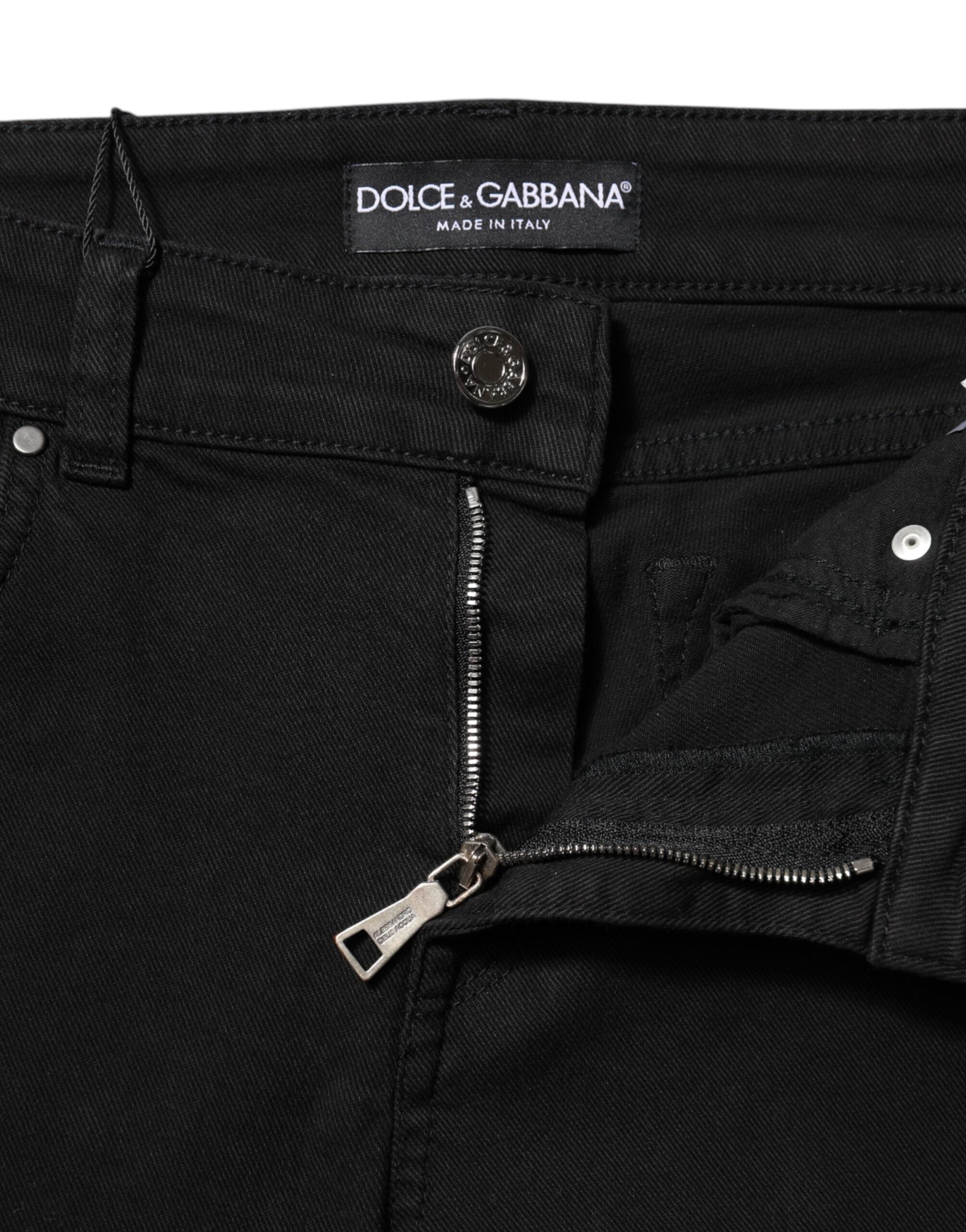 Dolce & Gabbana Black Cotton Logo Skinny Mid Waist Denim Jeans Dolce & Gabbana