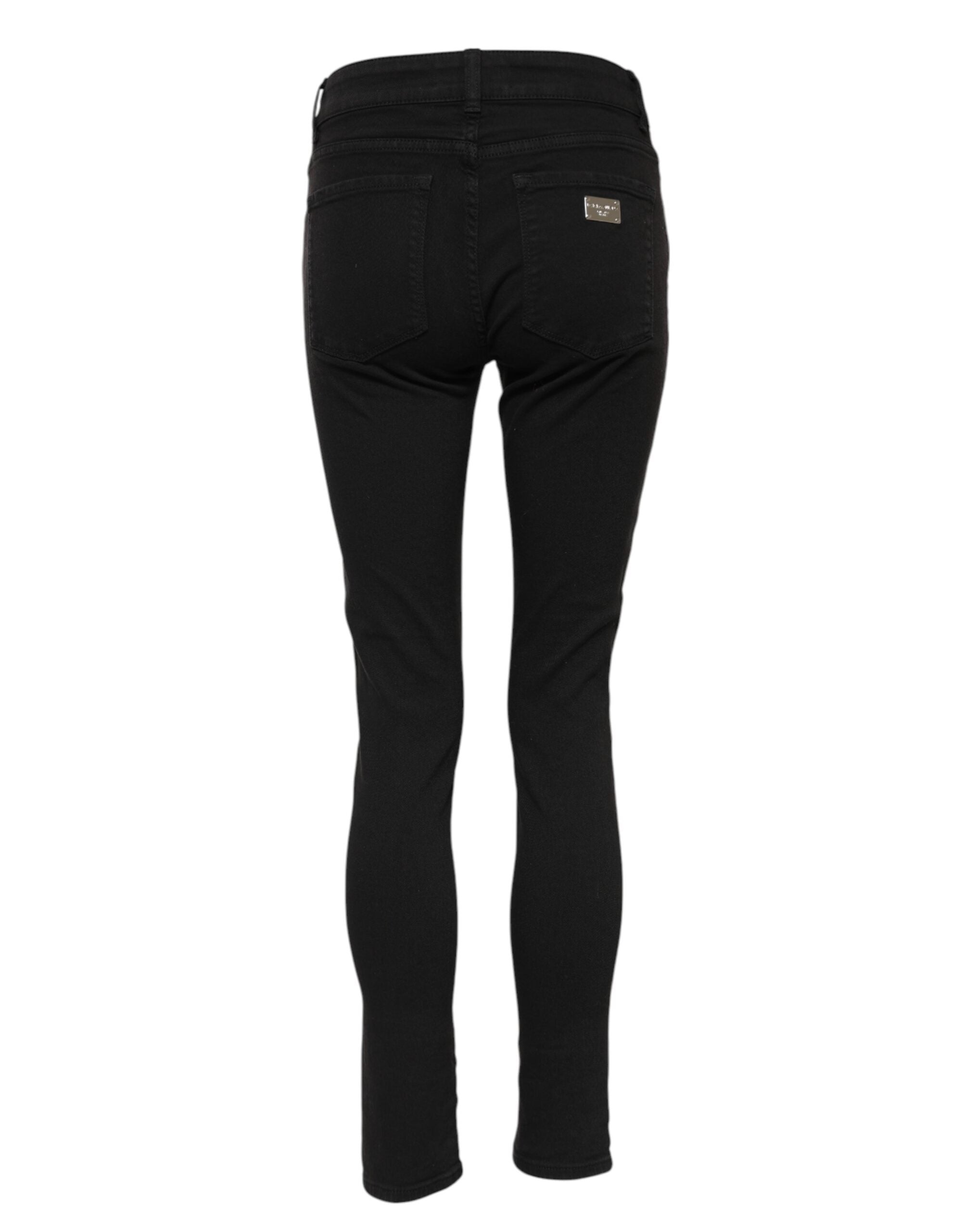 Dolce & Gabbana Black Cotton Logo Skinny Mid Waist Denim Jeans Dolce & Gabbana