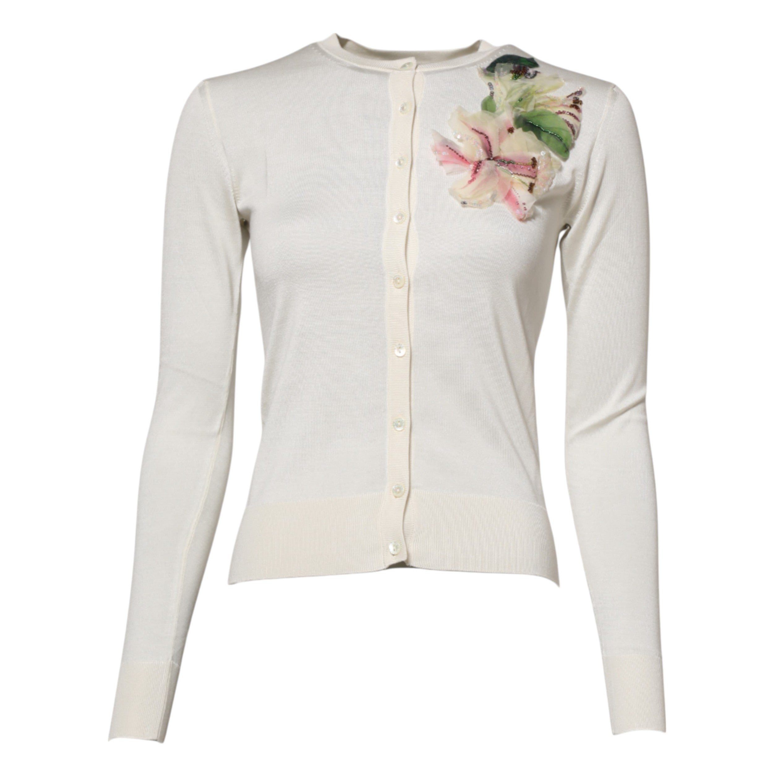 Dolce & Gabbana White Silk Lily Buttoned Cardigan Sweater Dolce & Gabbana
