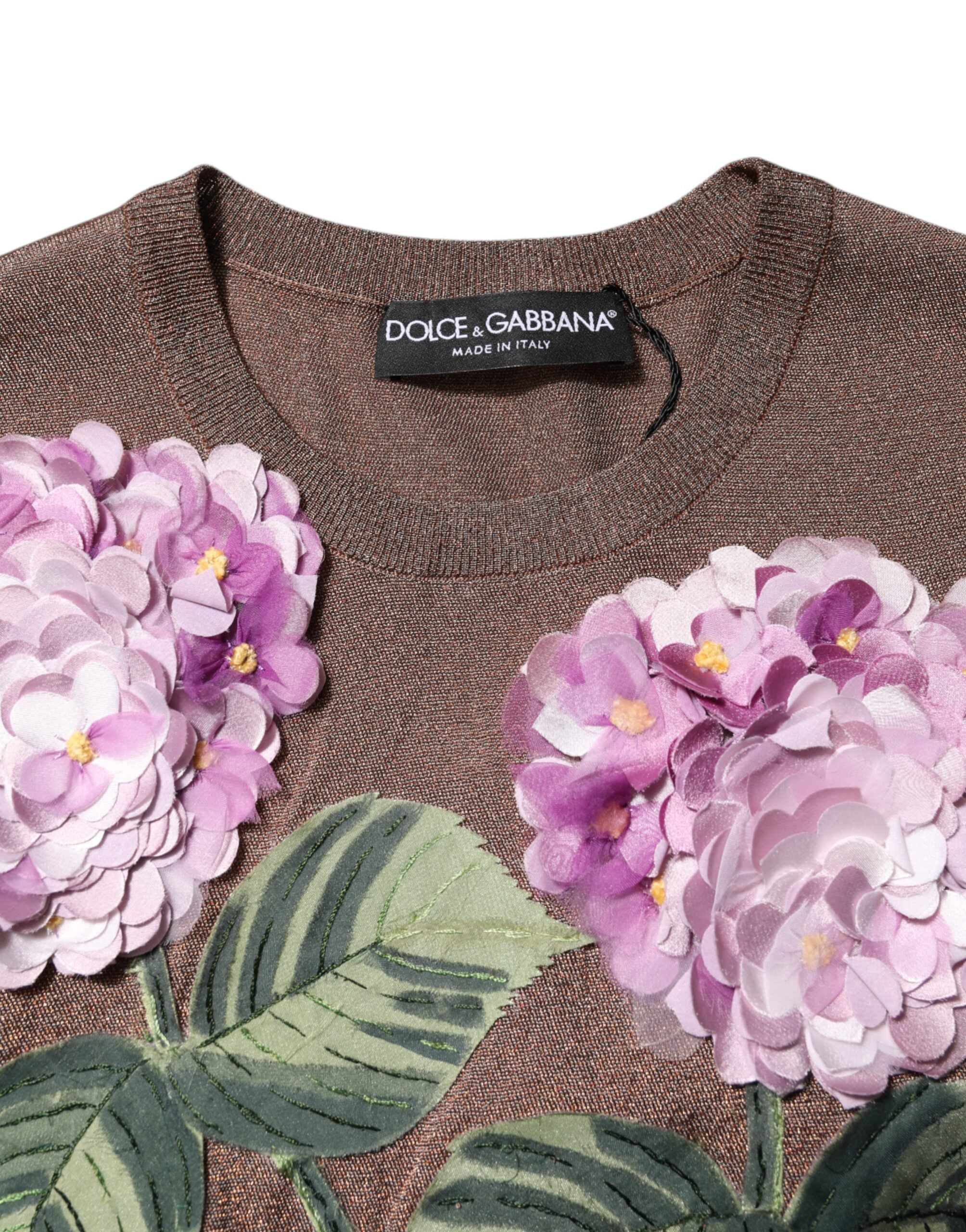Dolce & Gabbana Brown Lily Embellished Round Neck Blouse Top Dolce & Gabbana