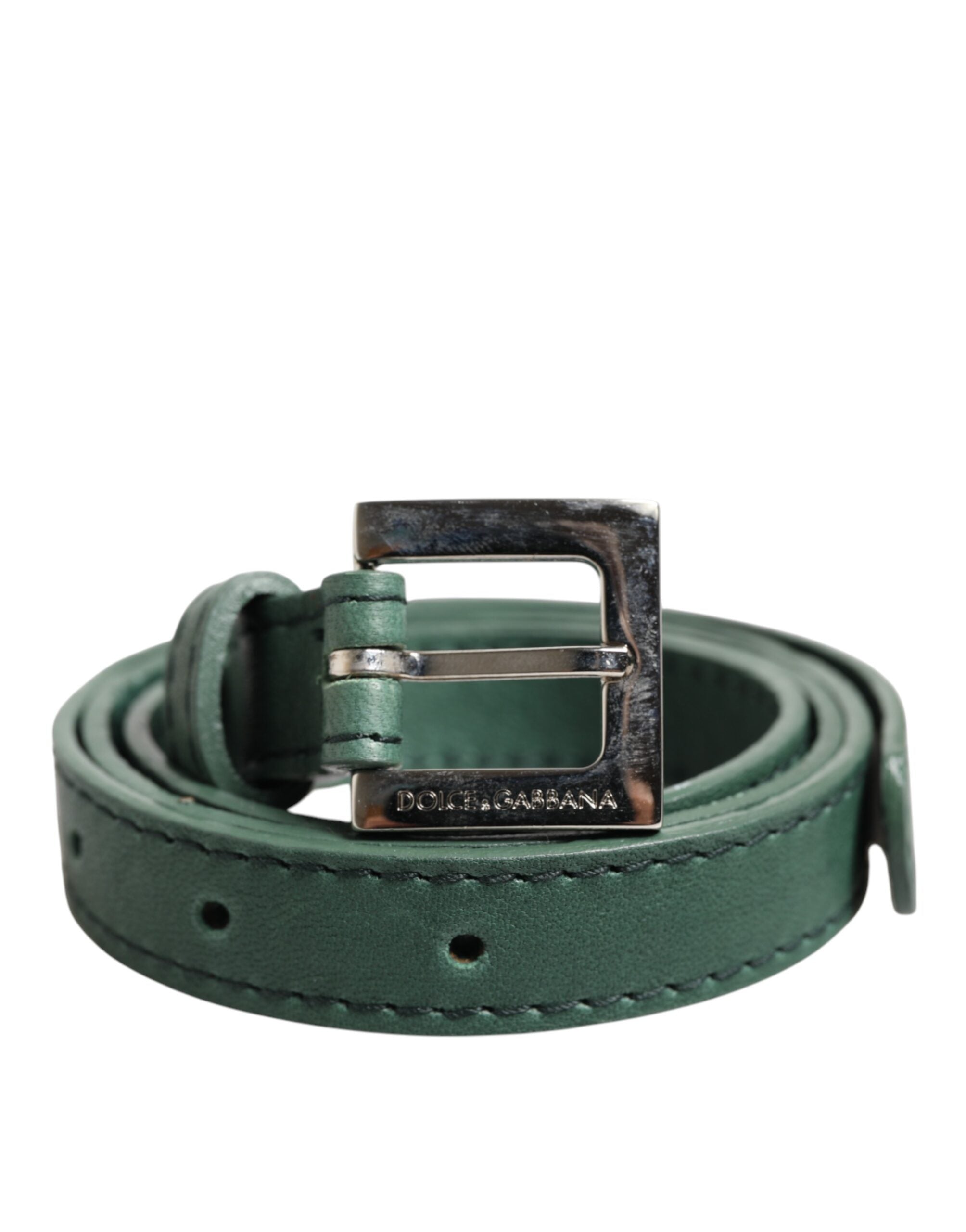 Dolce & Gabbana Dark Green Leather Silver Metal Buckle Belt Dolce & Gabbana