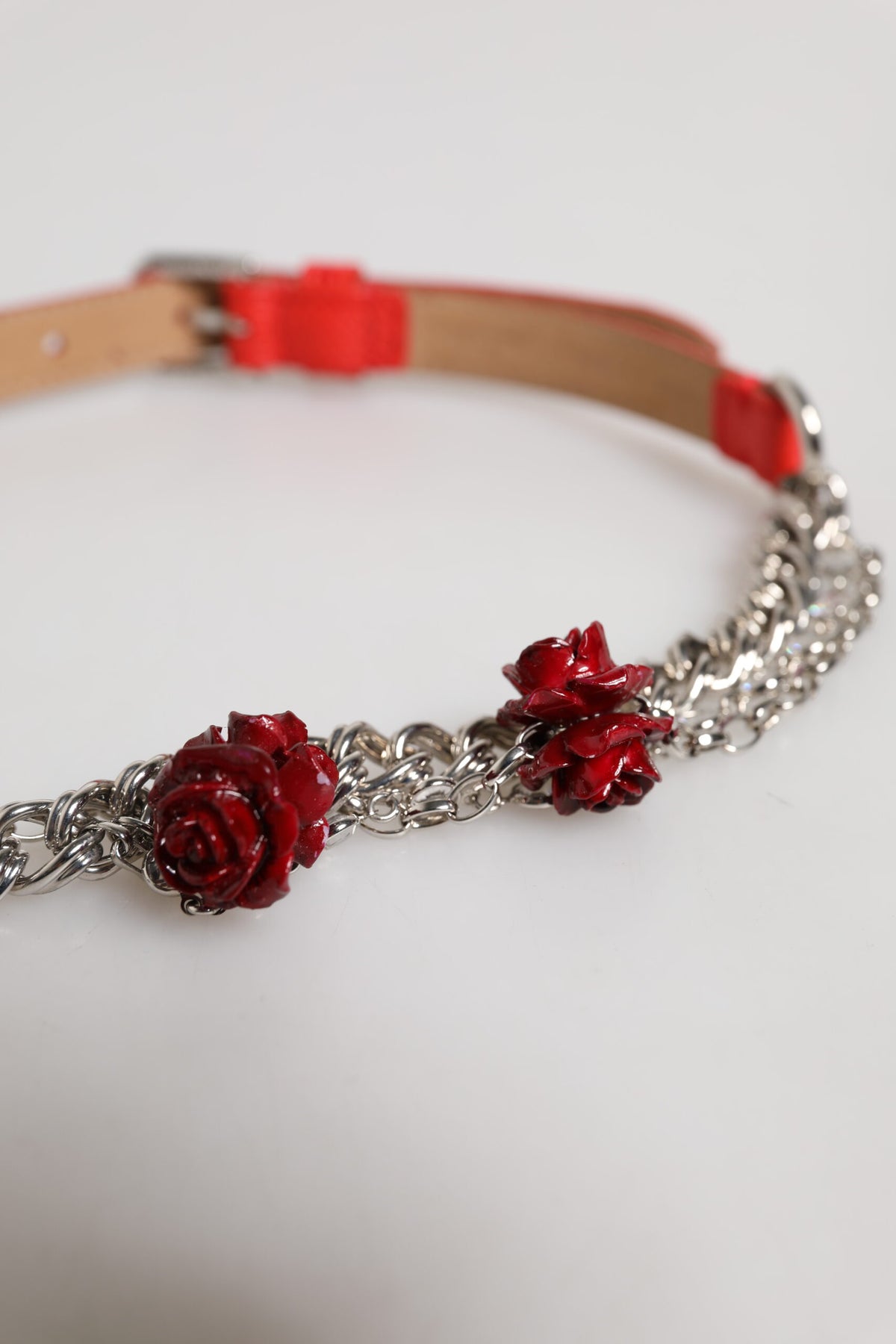 Dolce & Gabbana Red Leather Silver Chain Floral Cintura Belt