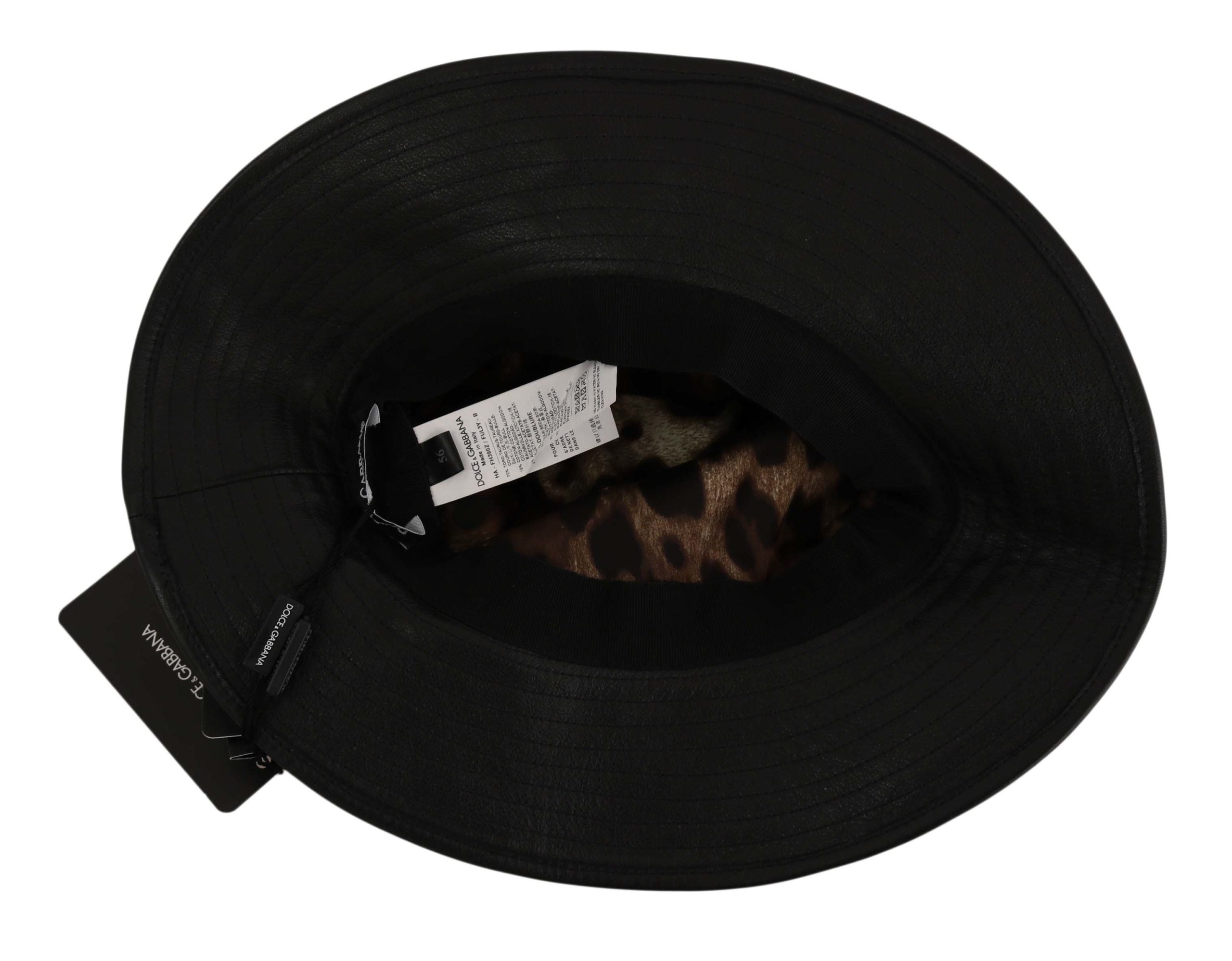 Dolce & Gabbana Black Leather DG Coin Crystal Wide Brim Hat Dolce & Gabbana