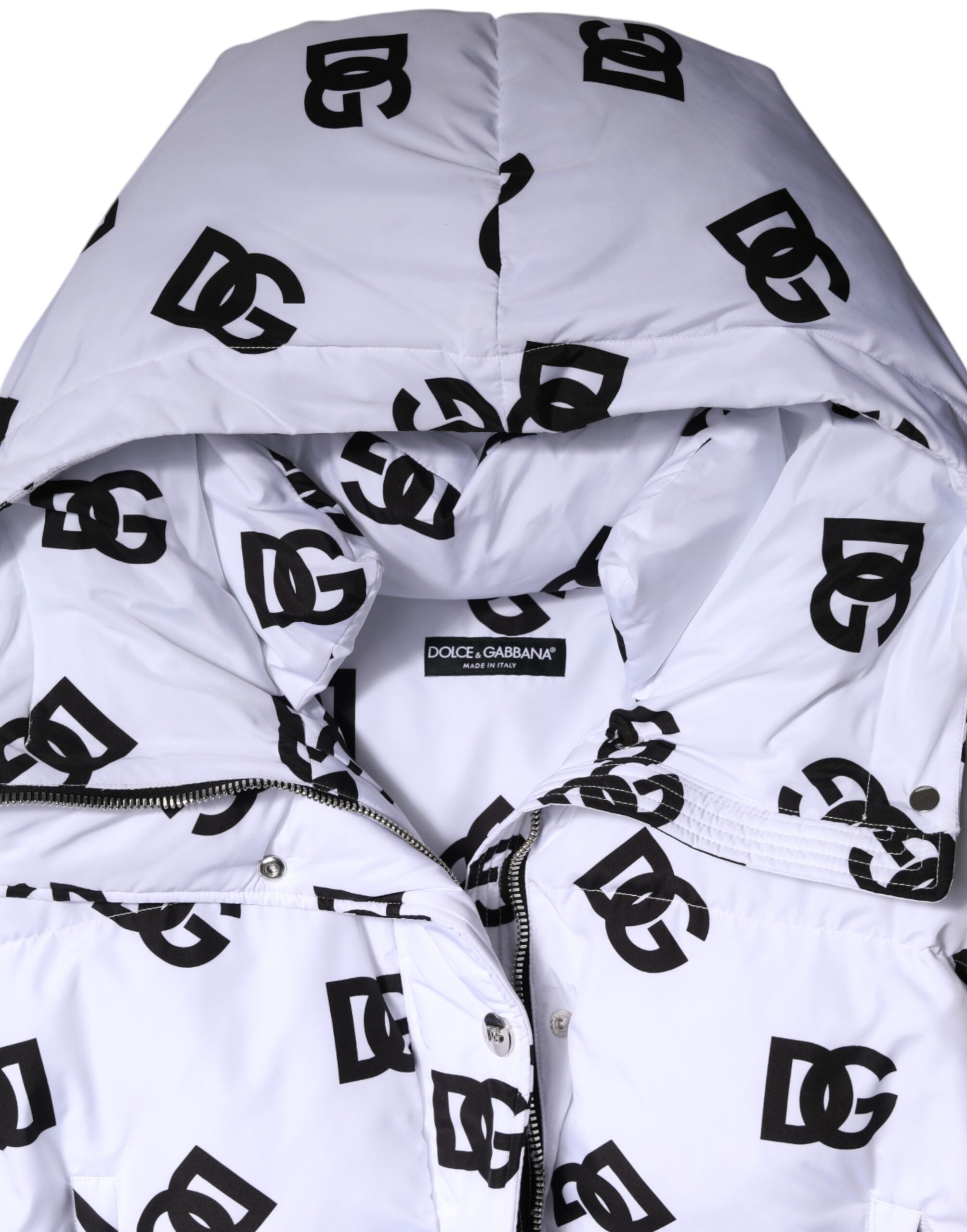 Dolce & Gabbana White Black DG Mania Polyester Puffer Jacket Dolce & Gabbana