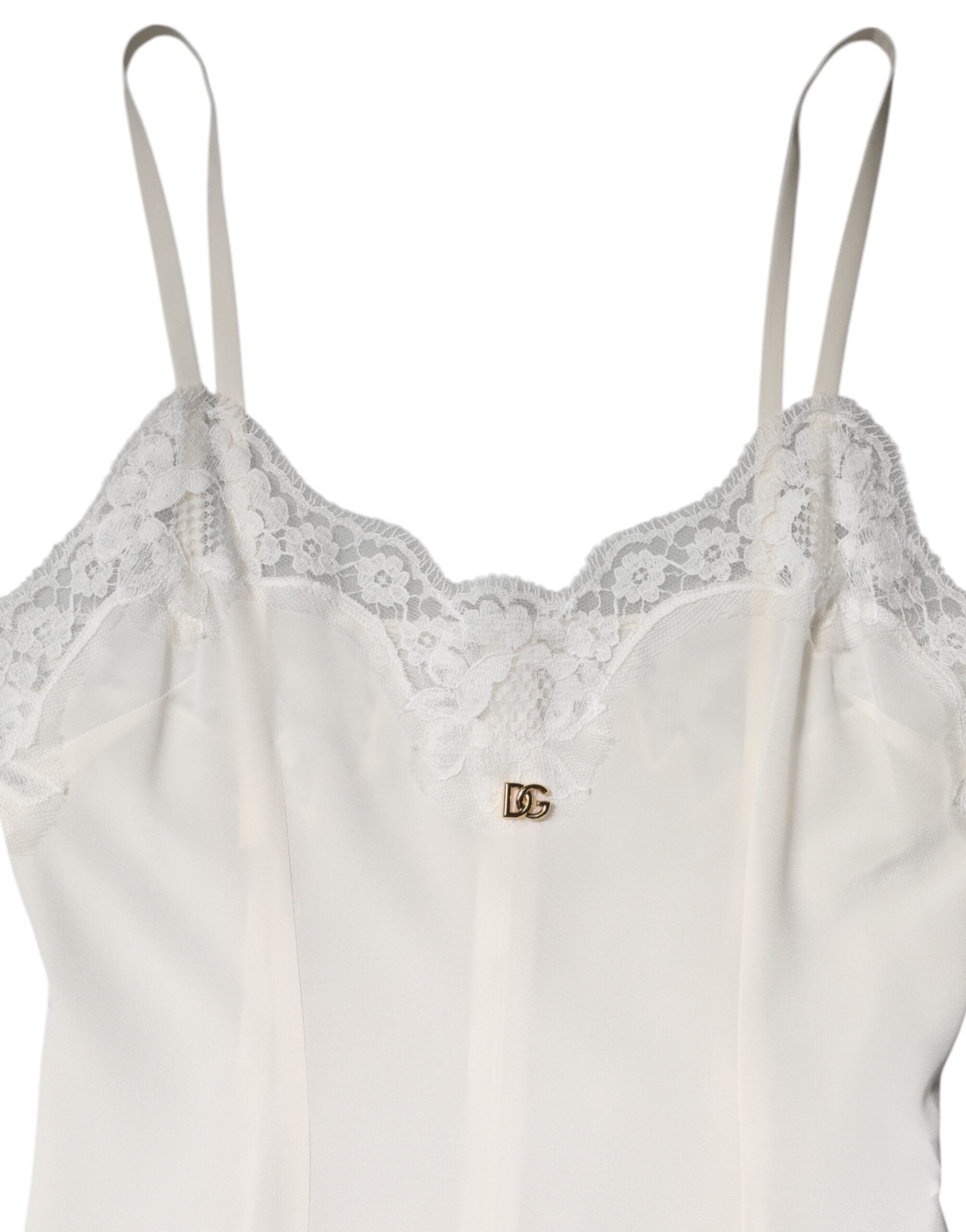 Dolce & Gabbana White Lace Gold DG Logo Silk Dress Sleepwear Dolce & Gabbana