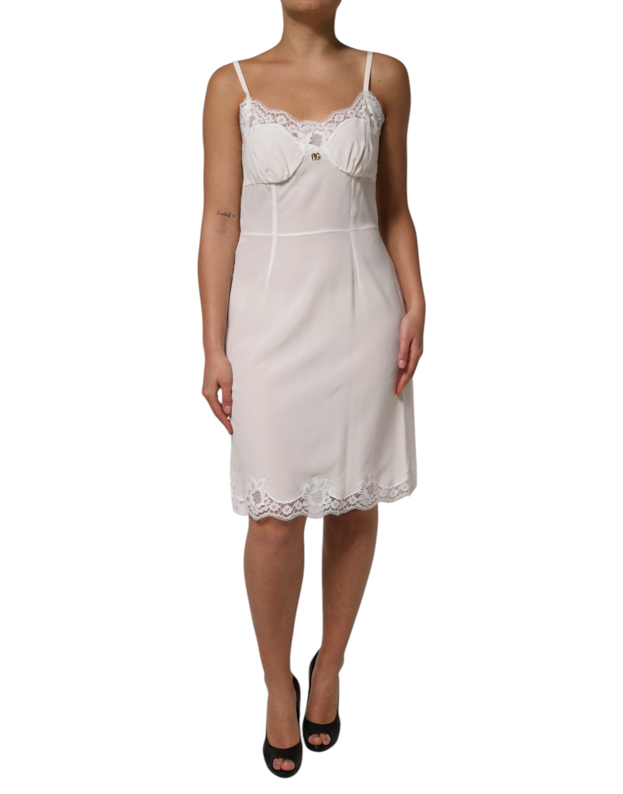 Dolce & Gabbana White Lace Gold DG Logo Silk Dress Sleepwear Dolce & Gabbana