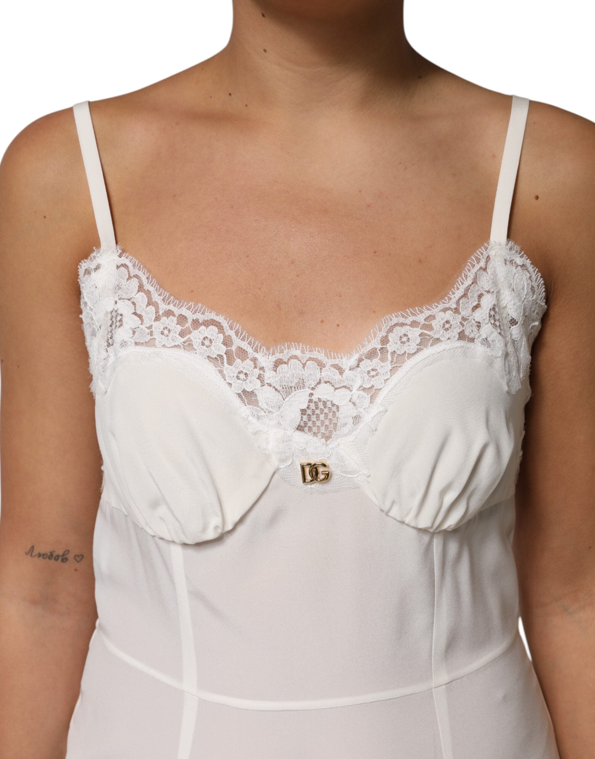Dolce & Gabbana White Lace Gold DG Logo Silk Dress Sleepwear Dolce & Gabbana