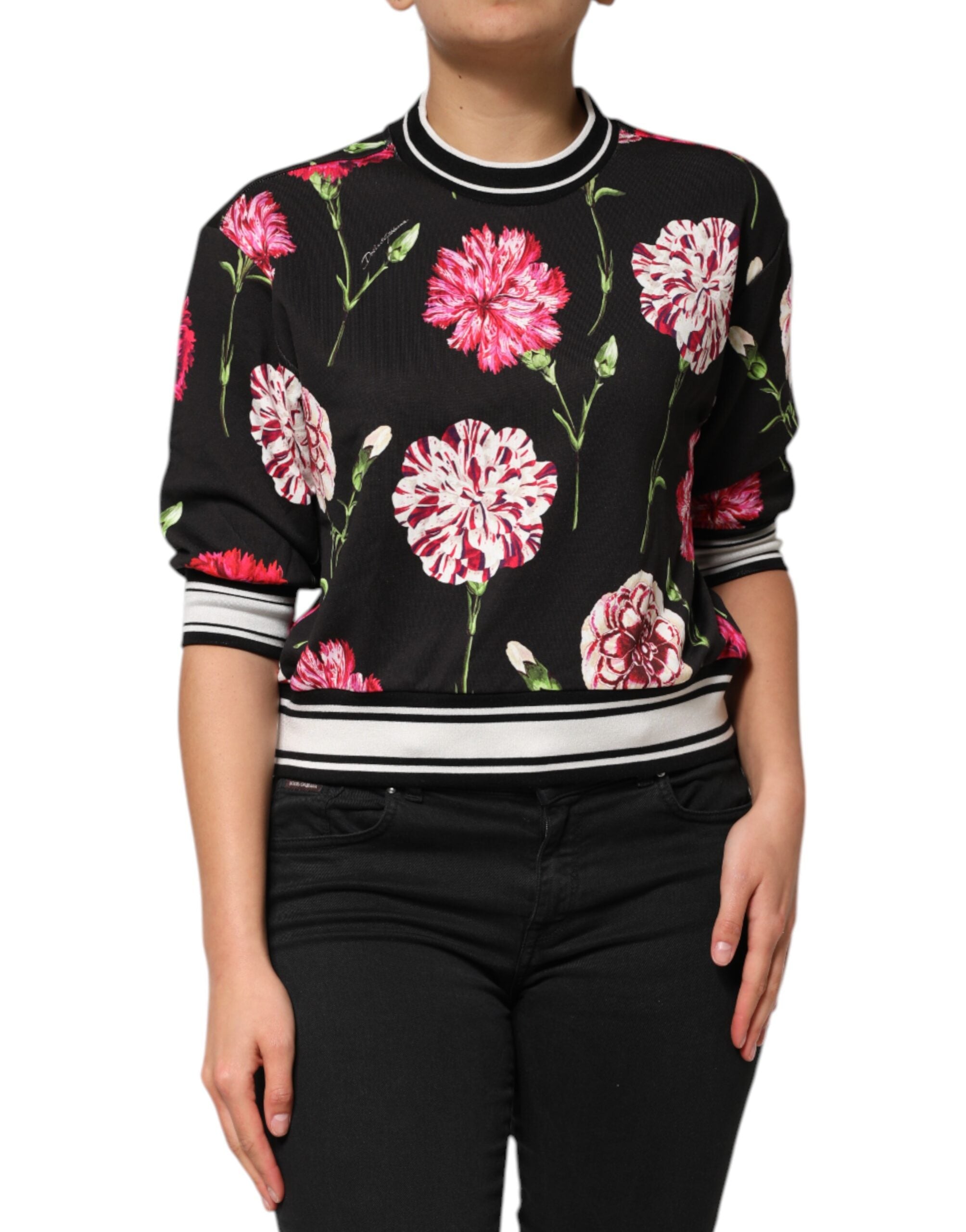 Dolce & Gabbana Black Floral Print Cotton Short Sleeves Top Dolce & Gabbana