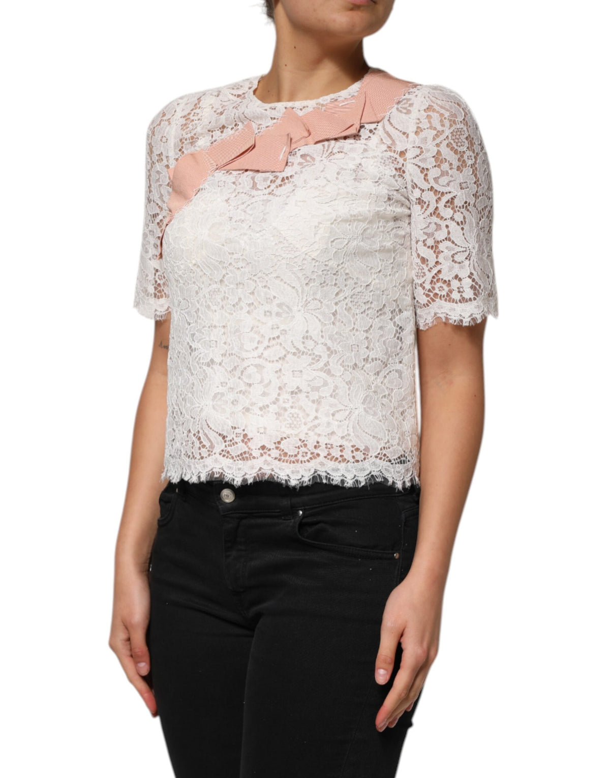 Dolce & Gabbana White Floral Lace Short Sleeves Blouse Top