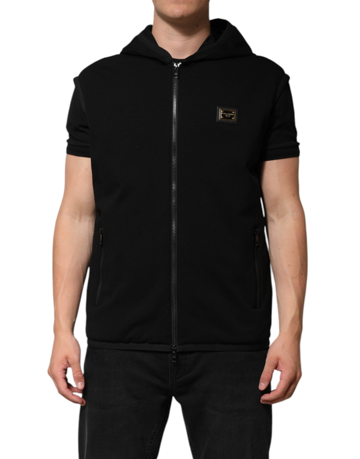 Dolce & Gabbana Black Sleeveless Hooded Logo Plaque Jacket