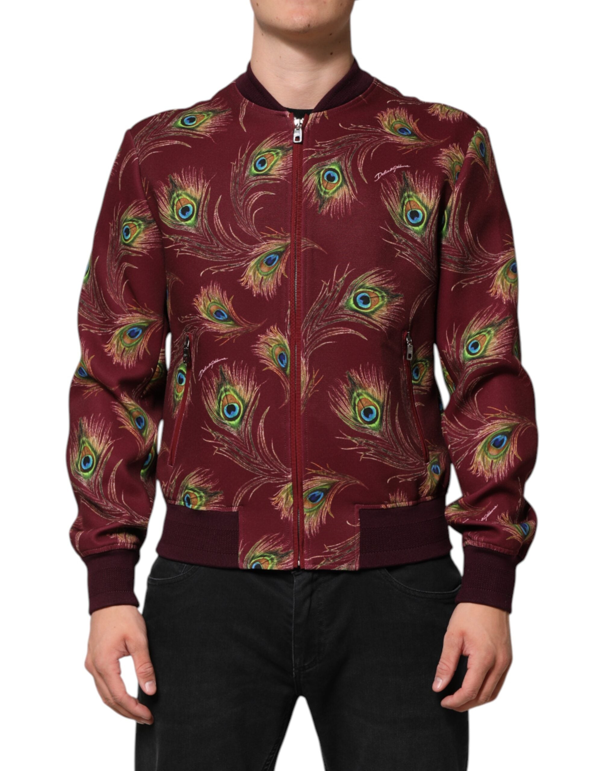Dolce & Gabbana Maroon Peacock Feather Print Bomber Jacket Dolce & Gabbana