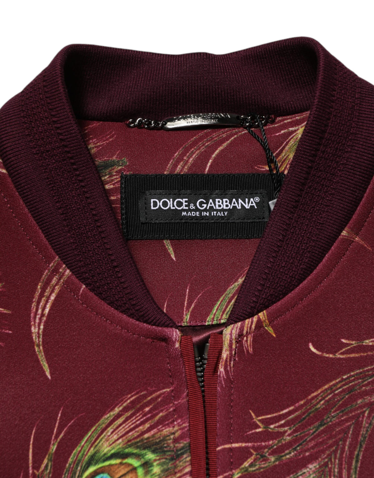 Dolce & Gabbana Maroon Peacock Feather Print Bomber Jacket