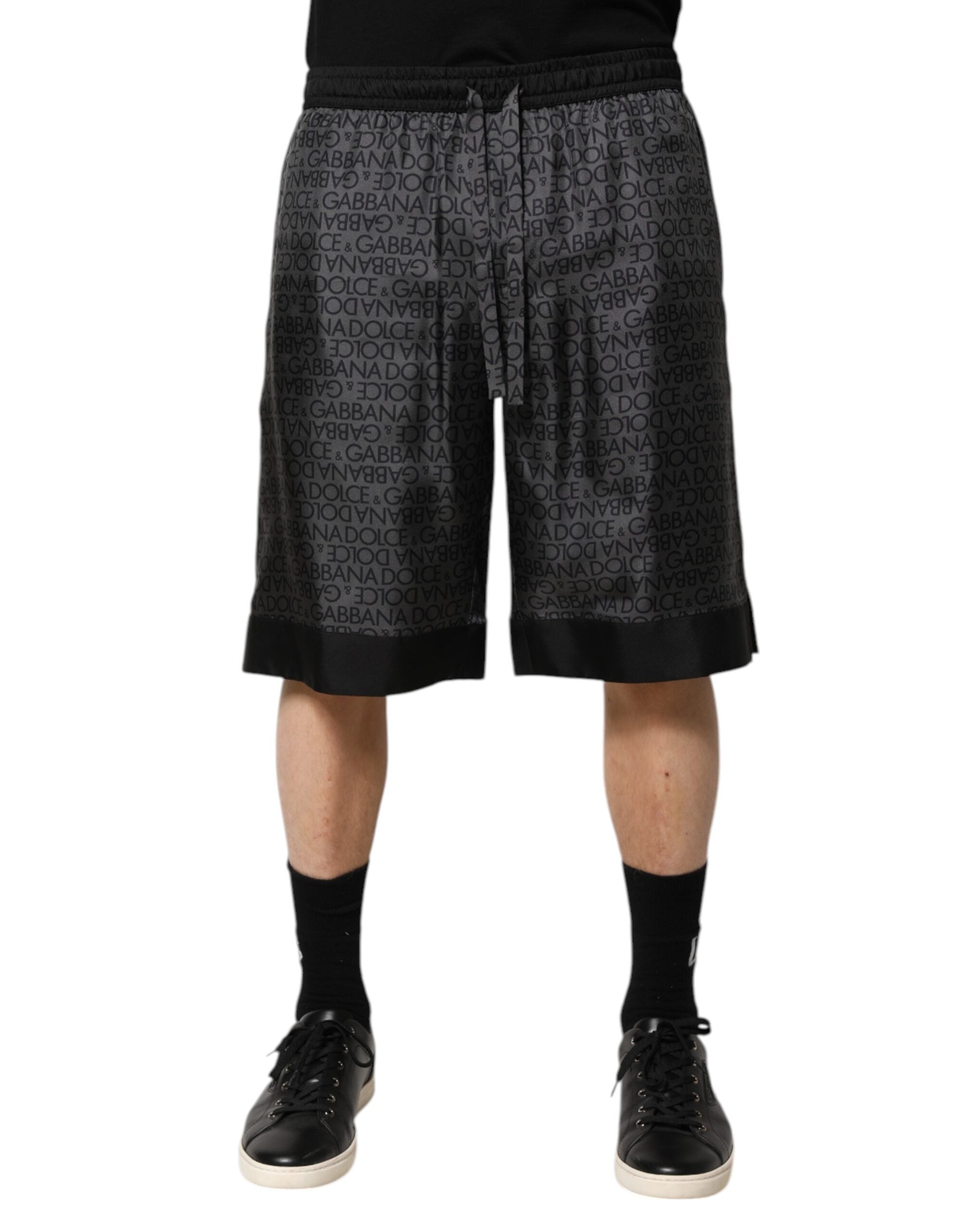 Dolce & Gabbana Gray Black Silk DG Logo Men Bermuda Shorts Dolce & Gabbana