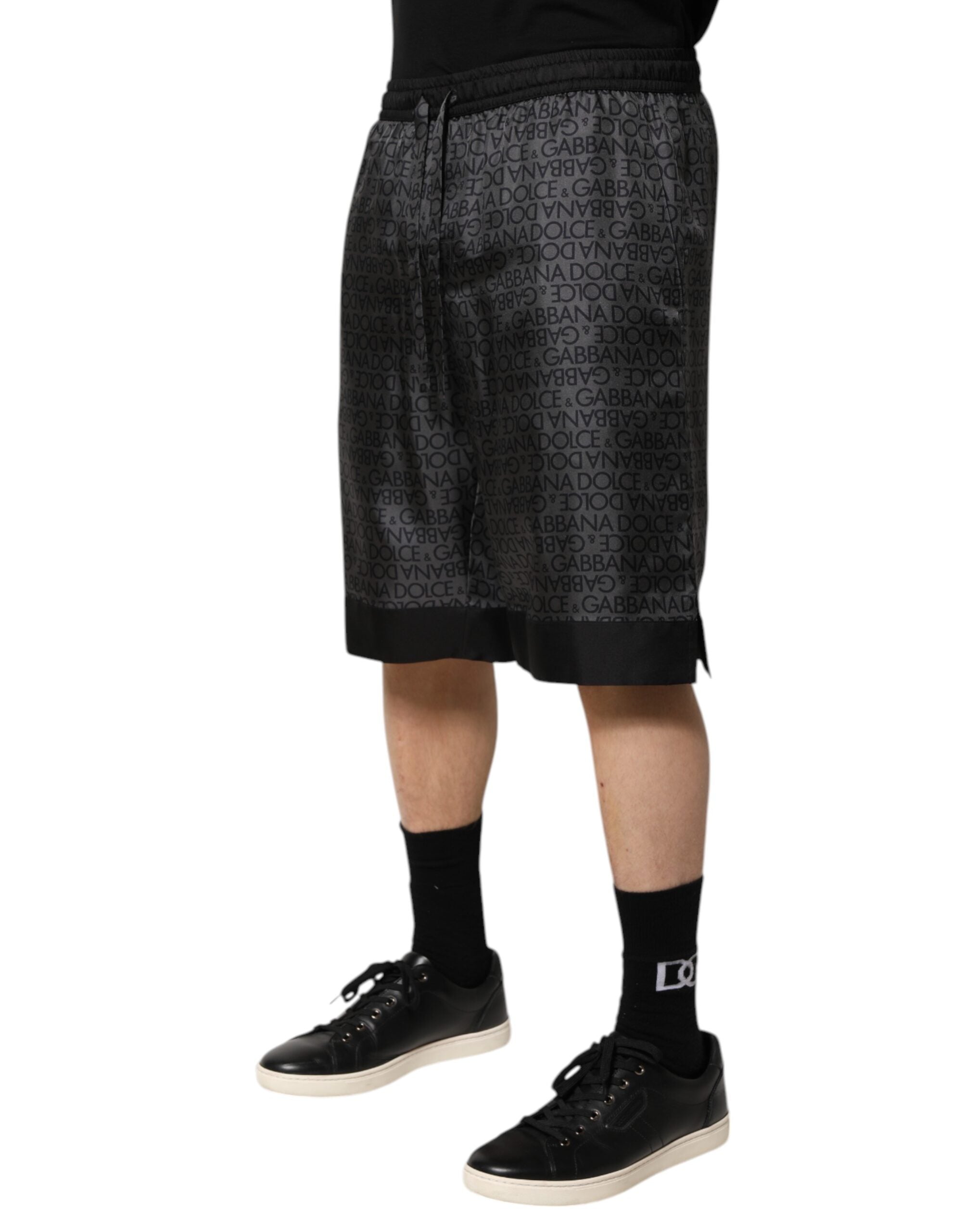 Dolce & Gabbana Gray Black Silk DG Logo Men Bermuda Shorts Dolce & Gabbana
