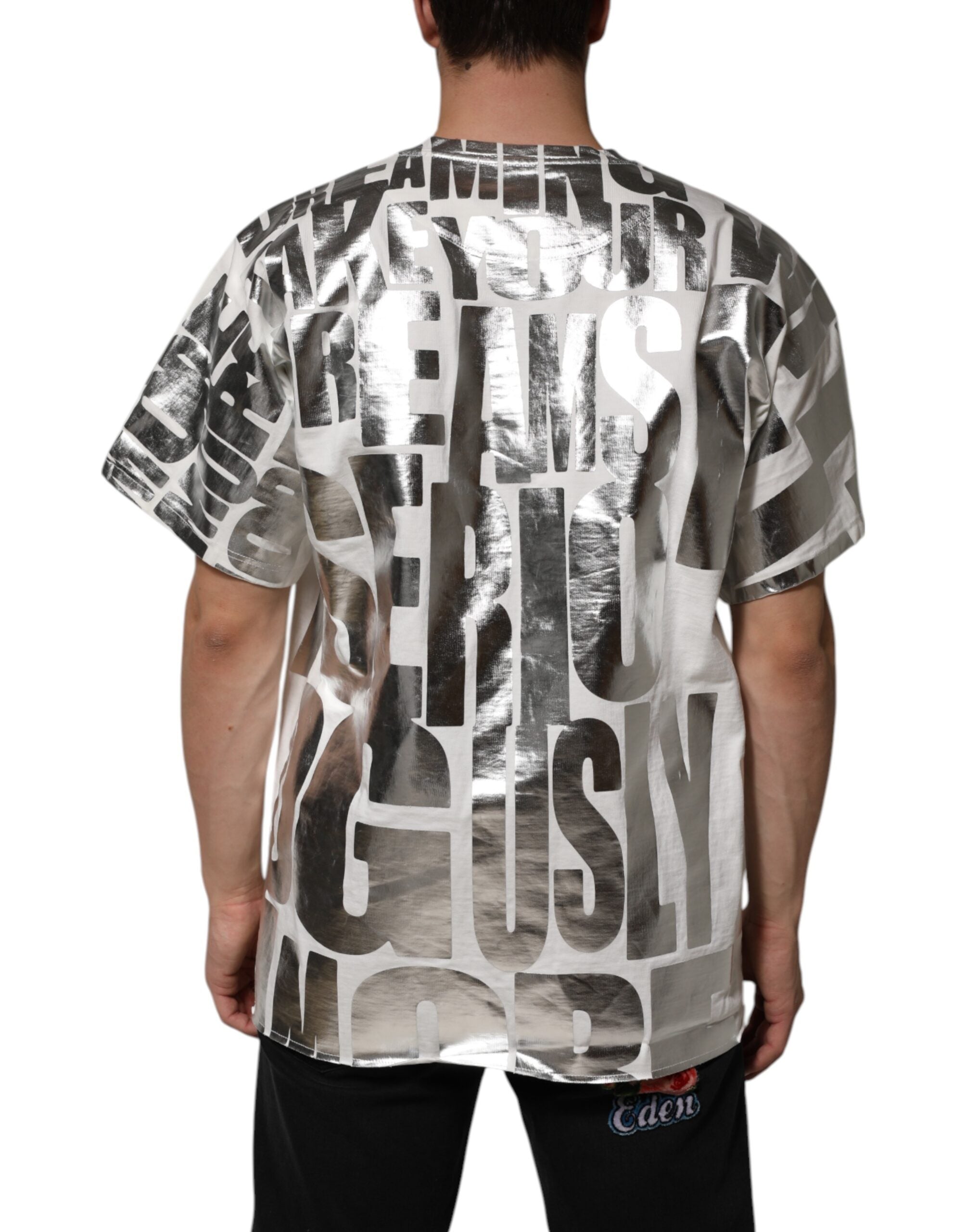 Dolce & Gabbana White Cotton Silver Metallic Slogan Print T-shirt Dolce & Gabbana