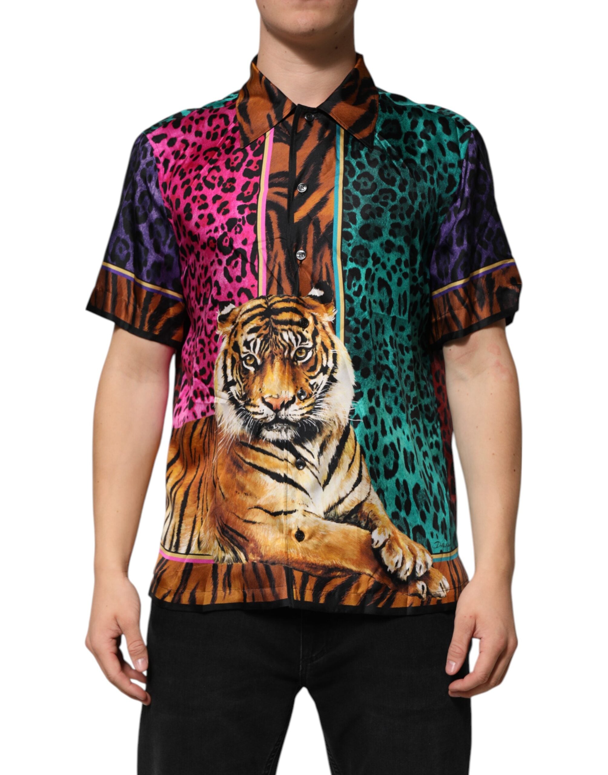 Dolce & Gabbana Multicolor Silk Tiger Print Hawaiian T-shirt Dolce & Gabbana