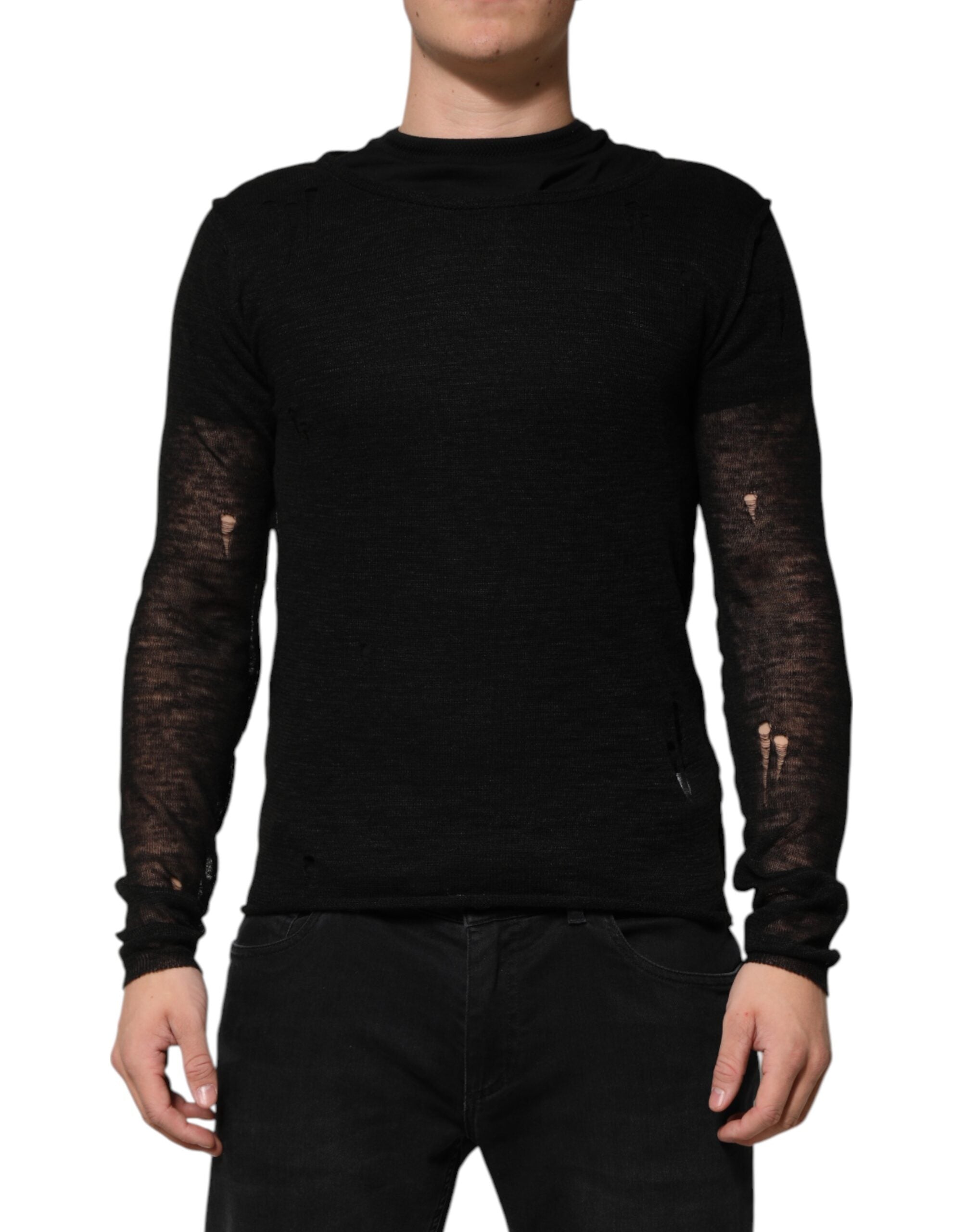Dolce & Gabbana Black Linen Mesh Tattered Longsleeves T-shirt Dolce & Gabbana