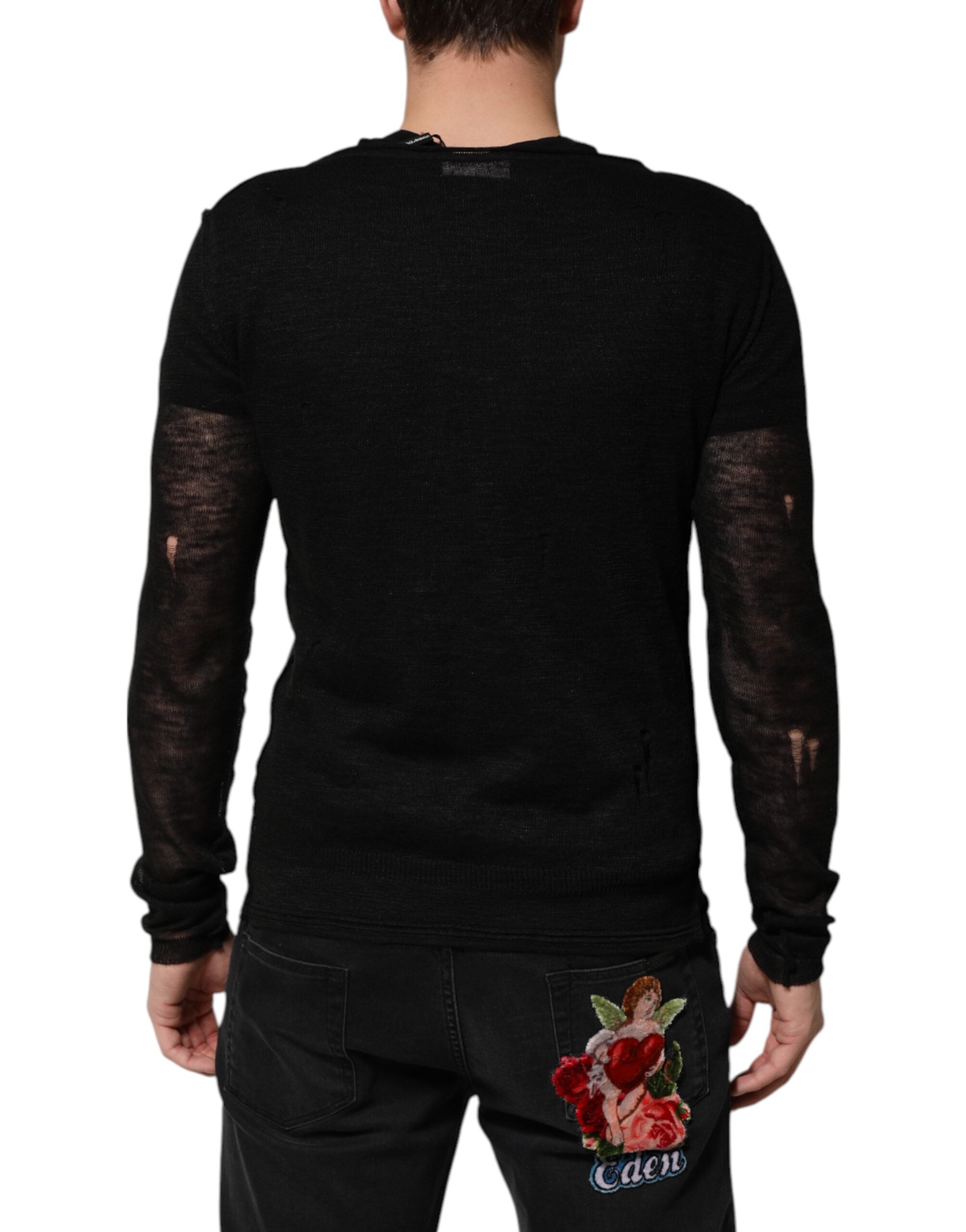 Dolce & Gabbana Black Linen Mesh Tattered Longsleeves T-shirt Dolce & Gabbana