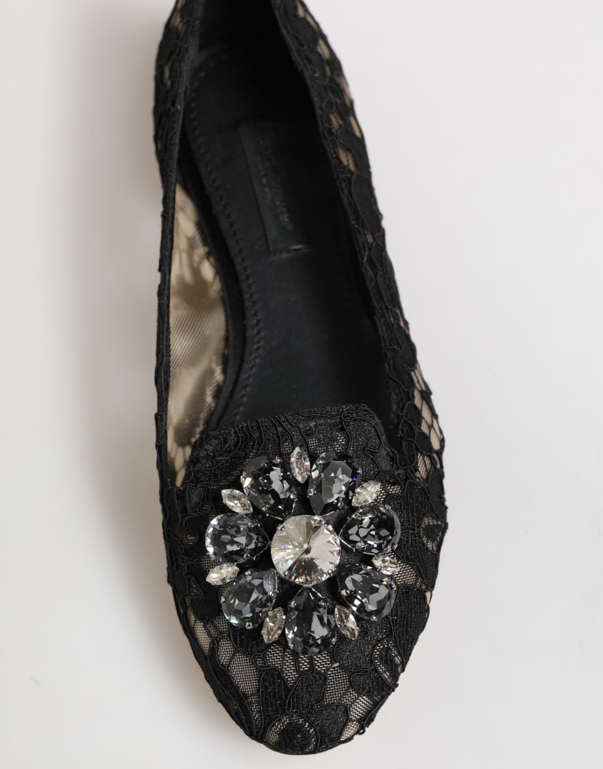 Dolce & Gabbana Black Taormina Lace Crystals Flats Shoes