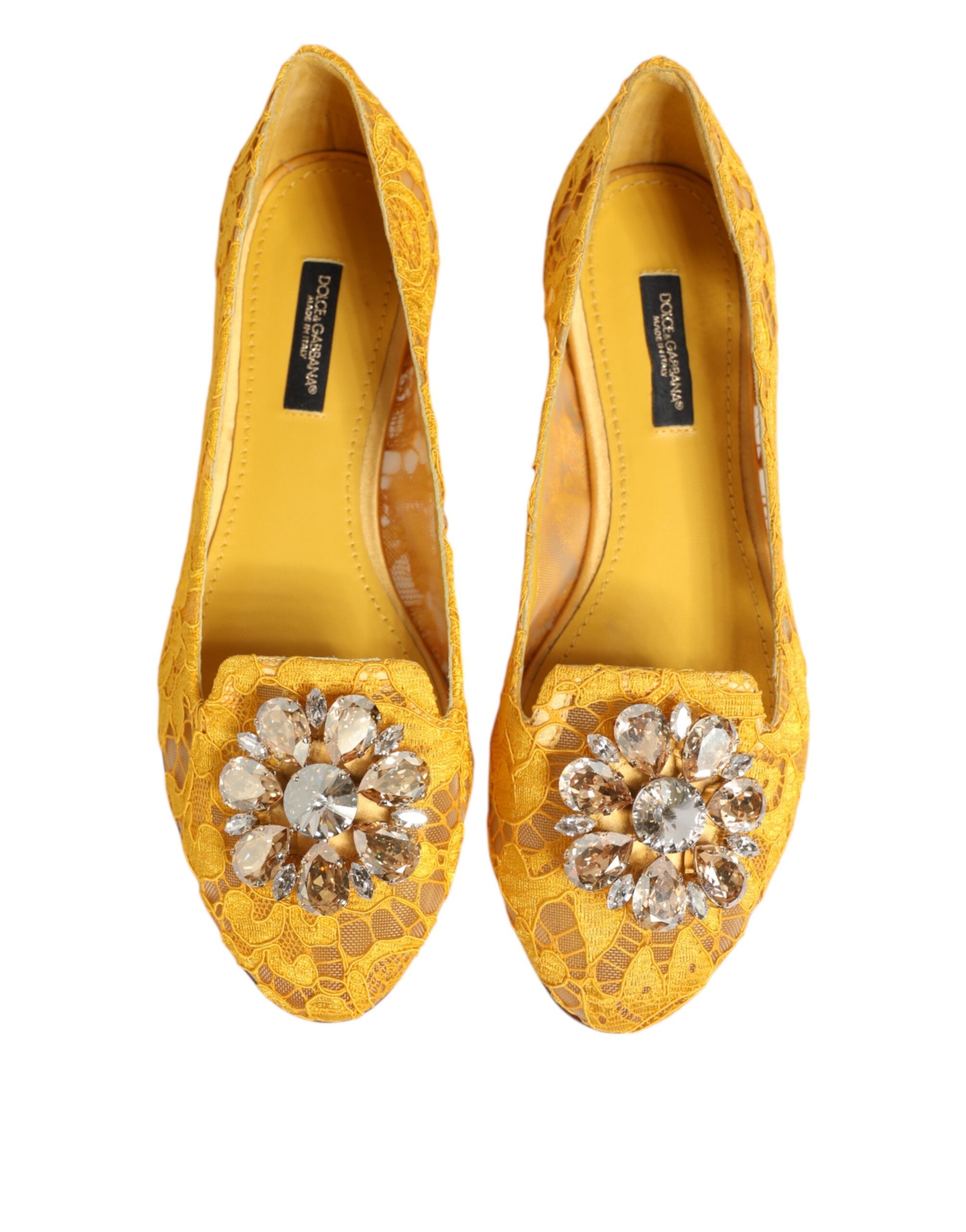 Dolce & Gabbana Yellow Taormina Lace Crystals Flats Shoes Dolce & Gabbana