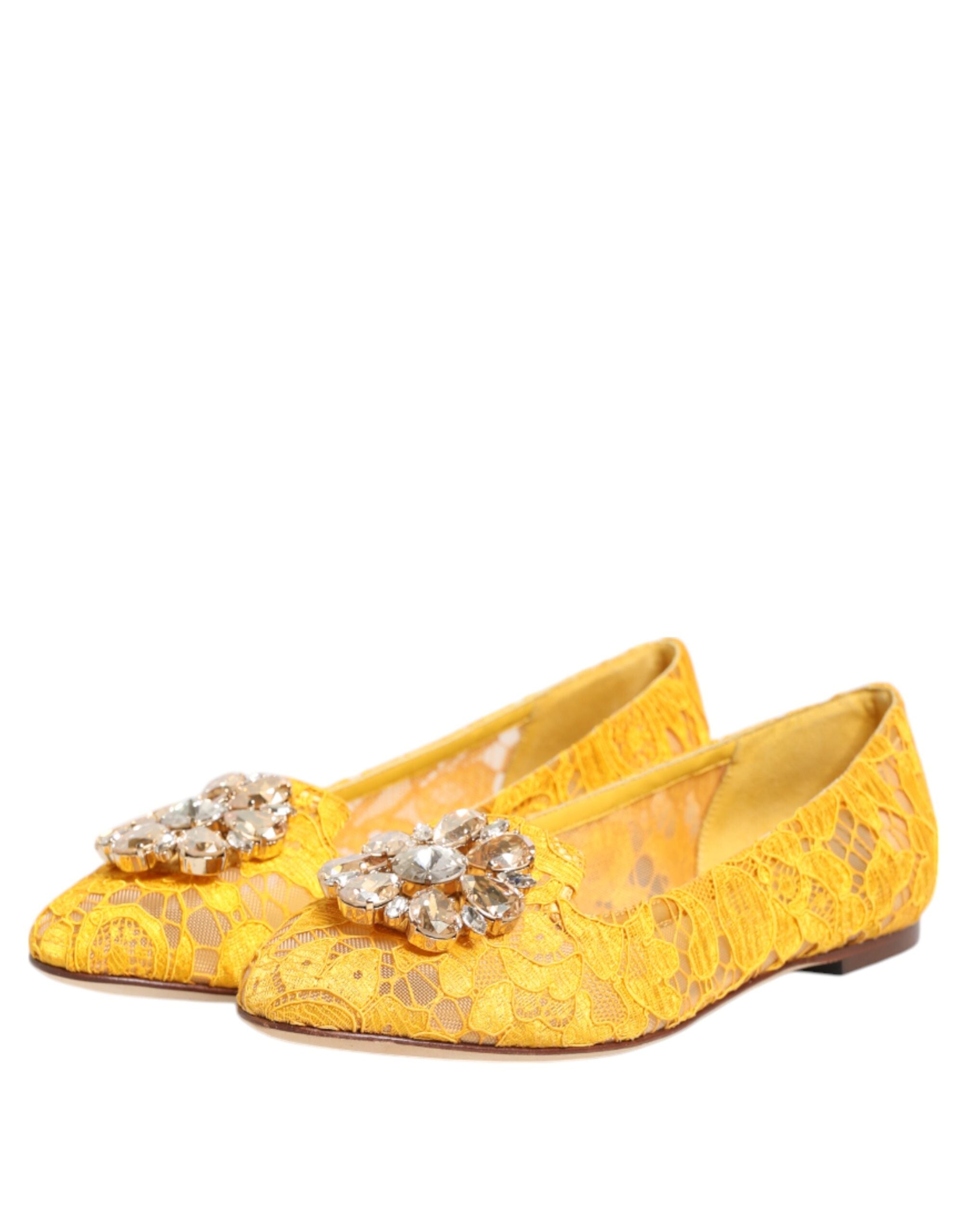 Dolce & Gabbana Yellow Taormina Lace Crystals Flats Shoes Dolce & Gabbana