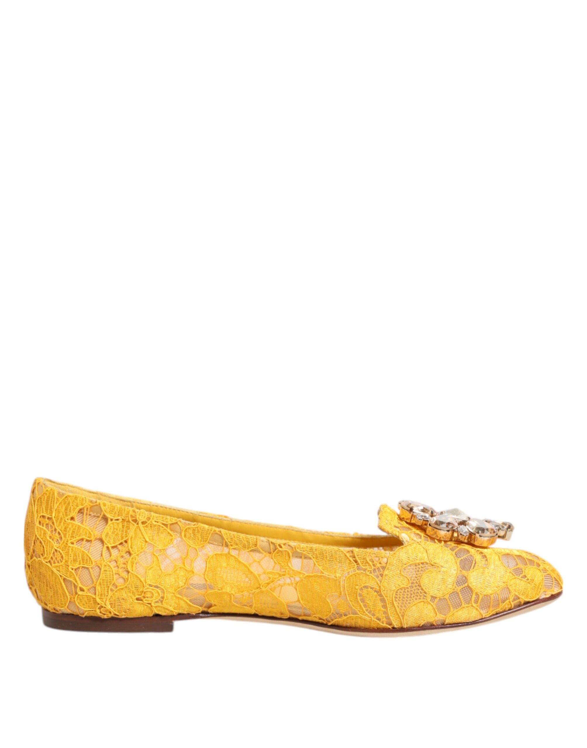 Dolce & Gabbana Yellow Taormina Lace Crystals Flats Shoes Dolce & Gabbana