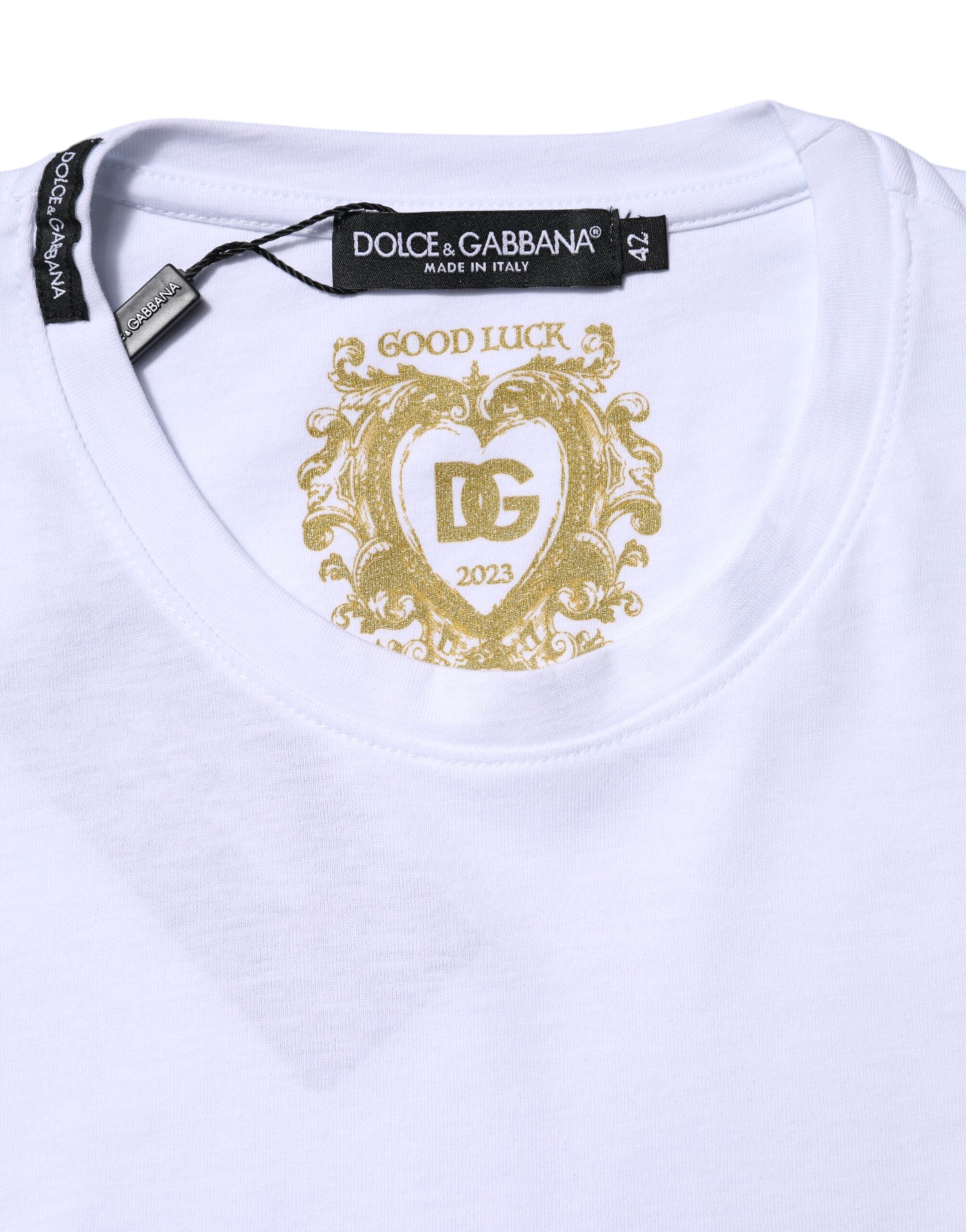 Dolce & Gabbana White Cotton Goodluck 2023 Crew Neck T-shirt Dolce & Gabbana