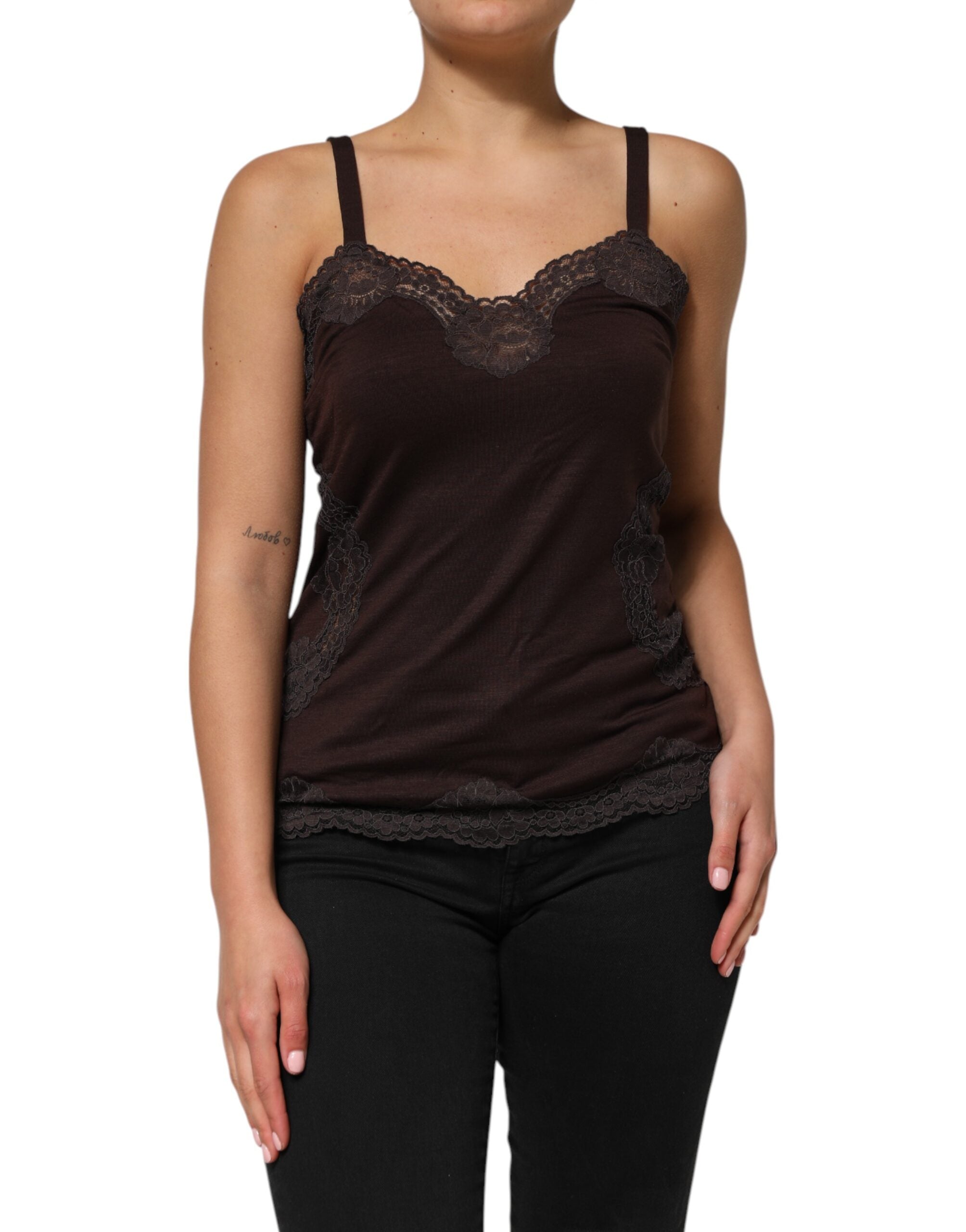 Dolce & Gabbana Dark Brown Lace Trim Wool Sleeveless Tank Top Dolce & Gabbana