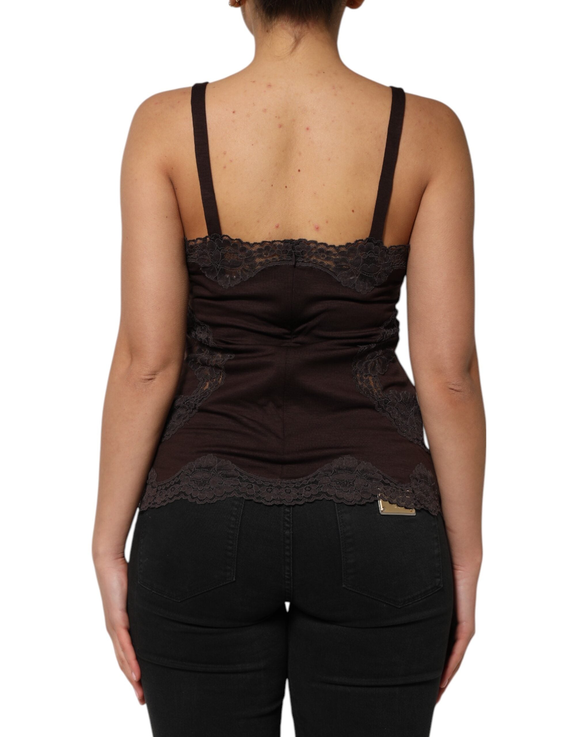 Dolce & Gabbana Dark Brown Lace Trim Wool Sleeveless Tank Top Dolce & Gabbana