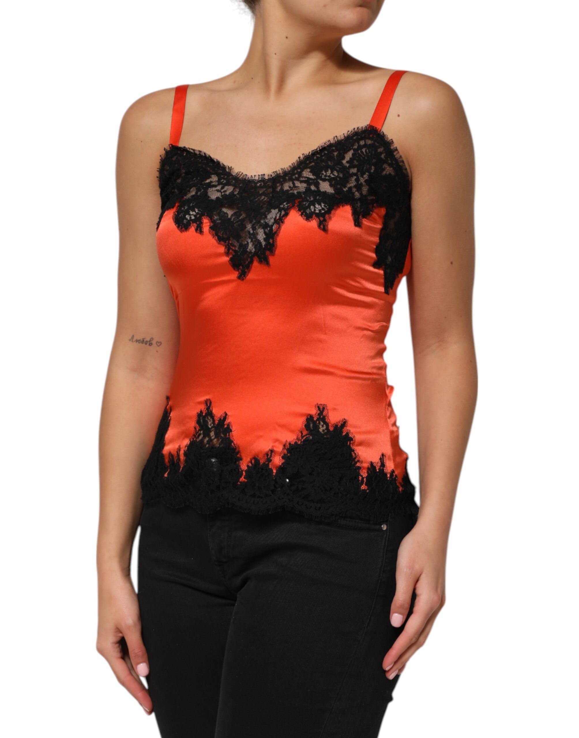 Dolce & Gabbana Red Black Lace Trim Silk Sleeveless Tank Top Dolce & Gabbana