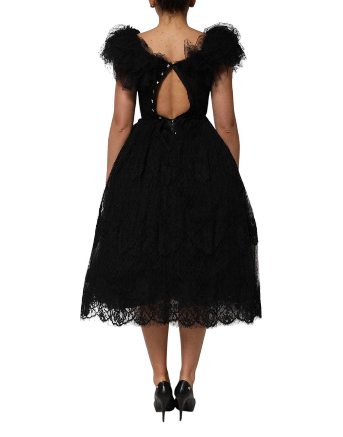 Dolce & Gabbana Black Crystal Embellished Midi A-line Dress