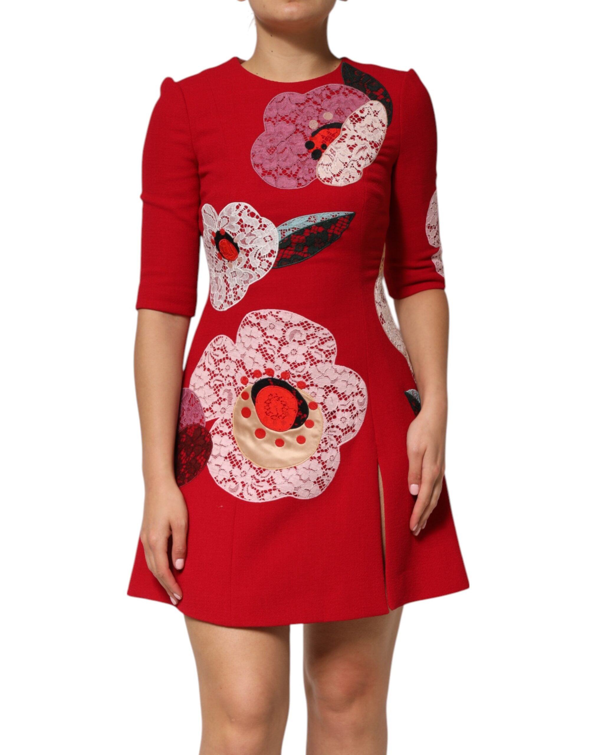 Dolce & Gabbana Red Lace Floral Applique A-line Mini Dress Dolce & Gabbana