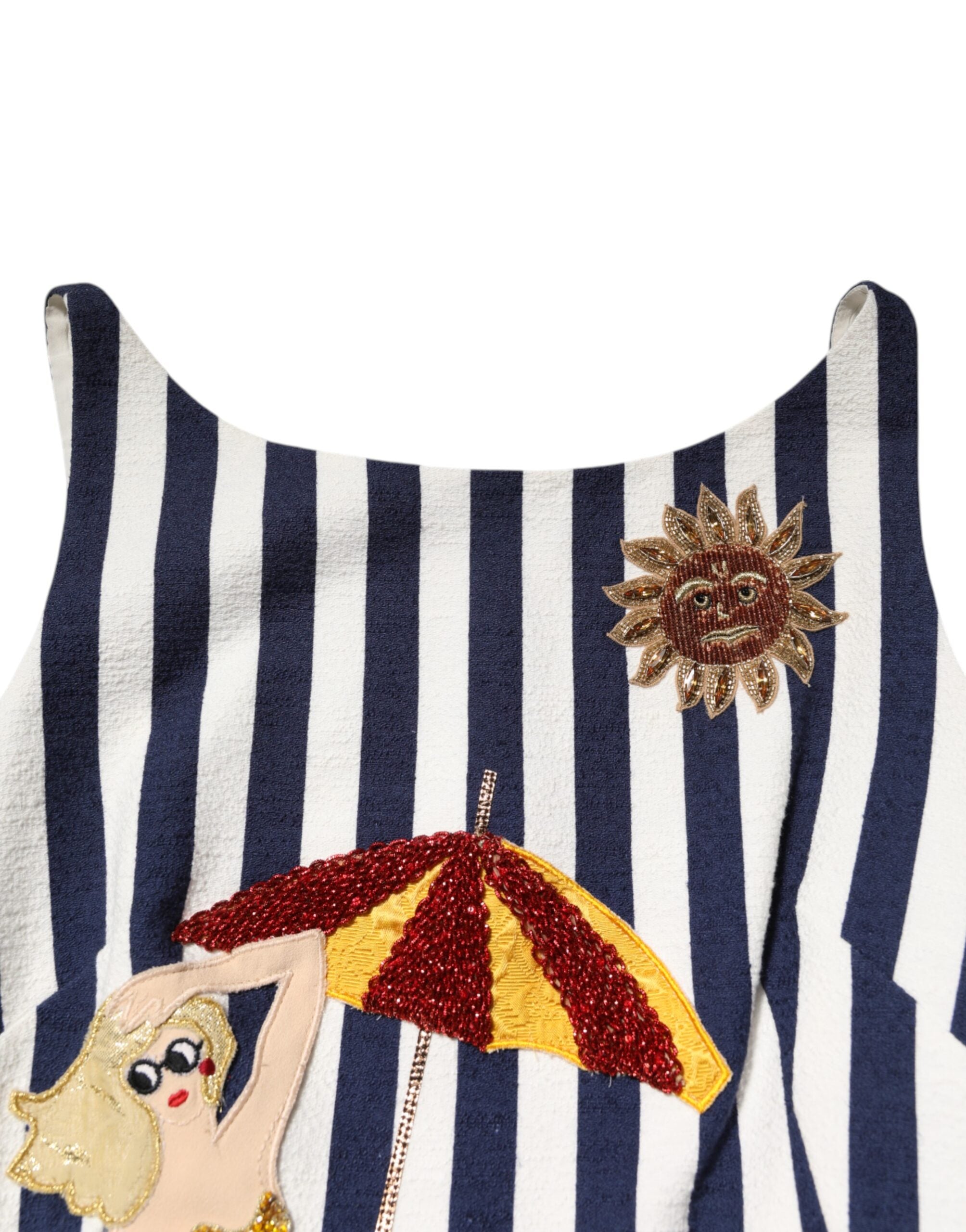 Dolce & Gabbana Blue White Striped Embroidered A-line Dress Dolce & Gabbana