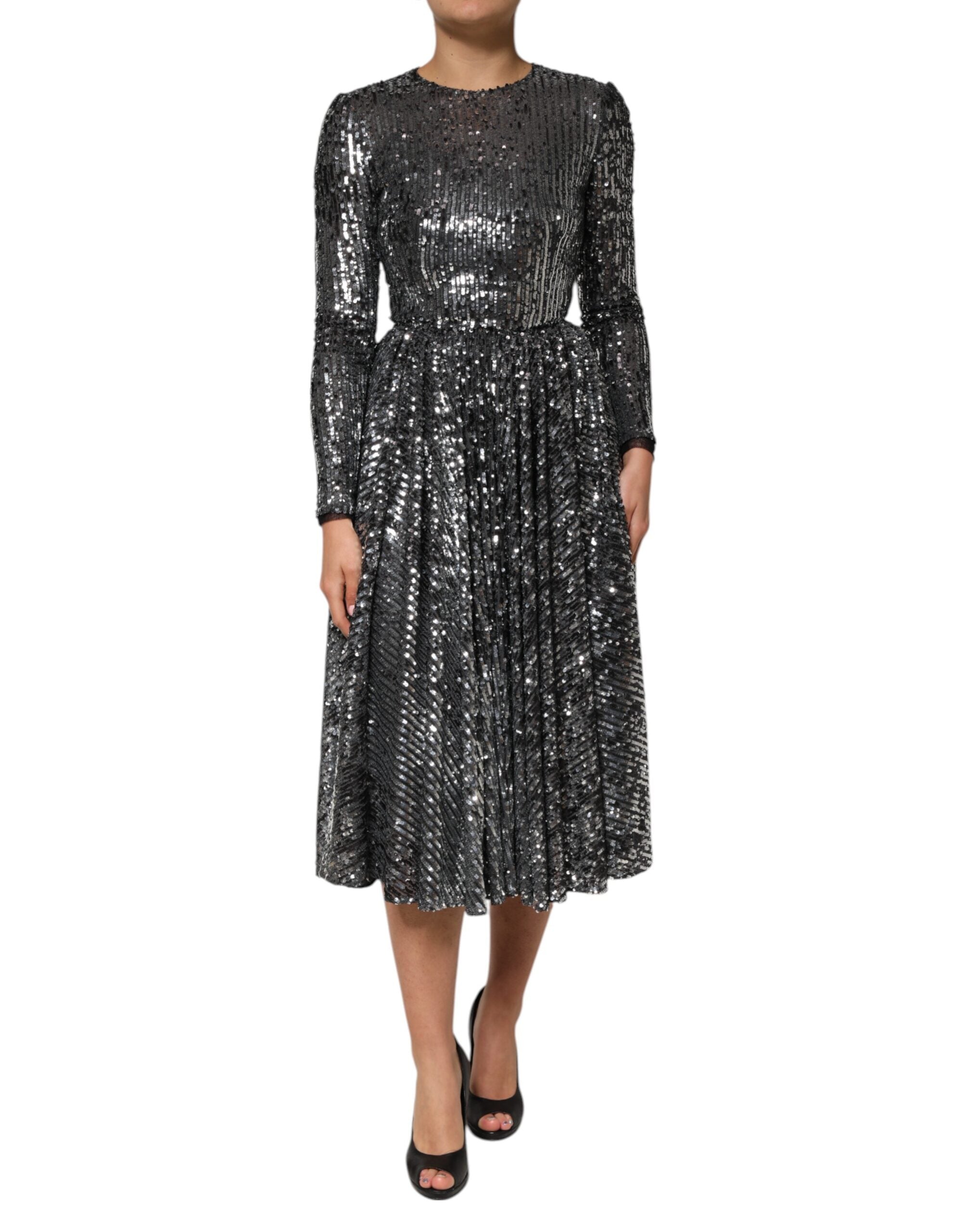 Dolce & Gabbana Black Sequined Long Sleeves Midi A-line Dress Dolce & Gabbana
