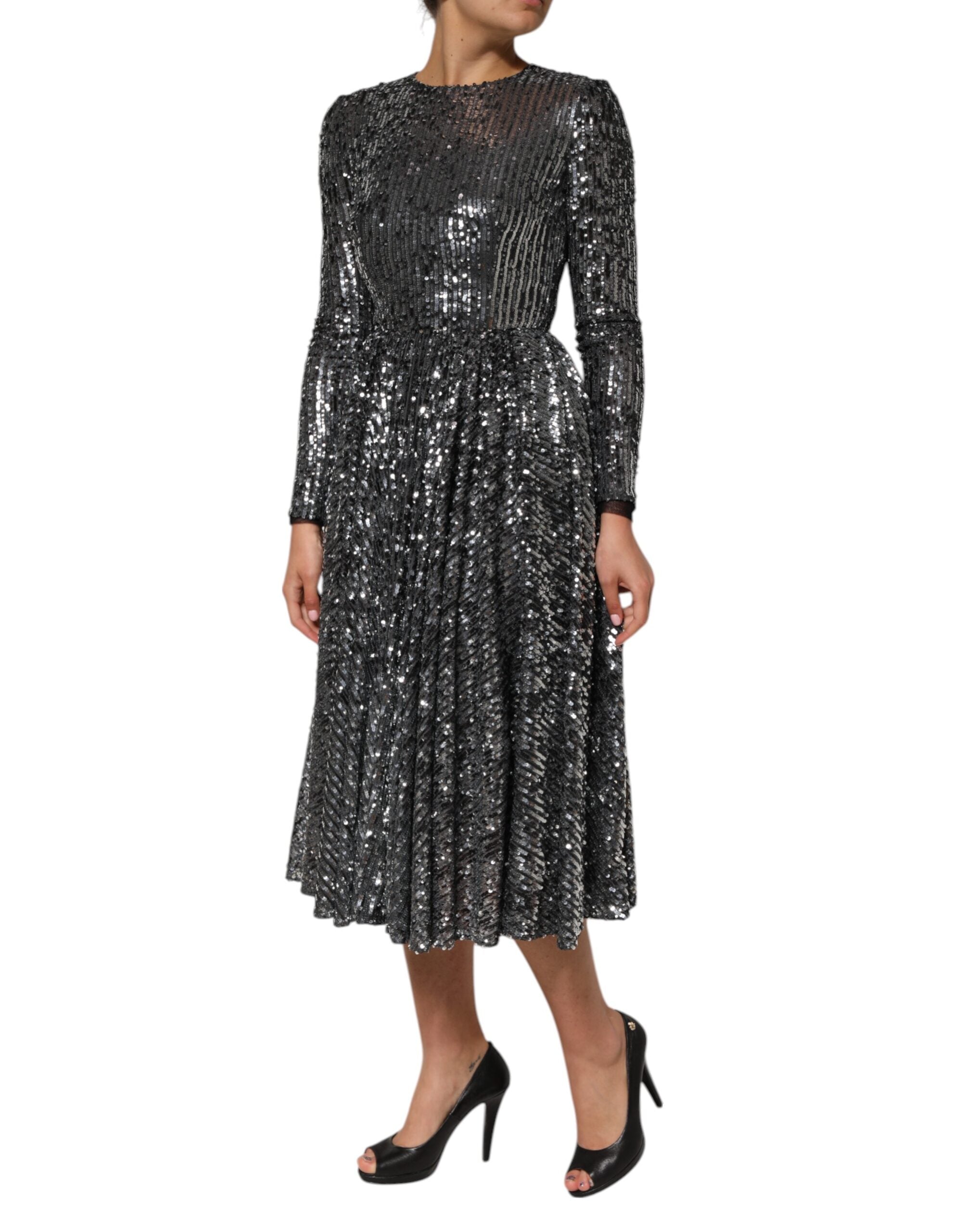 Dolce & Gabbana Black Sequined Long Sleeves Midi A-line Dress Dolce & Gabbana