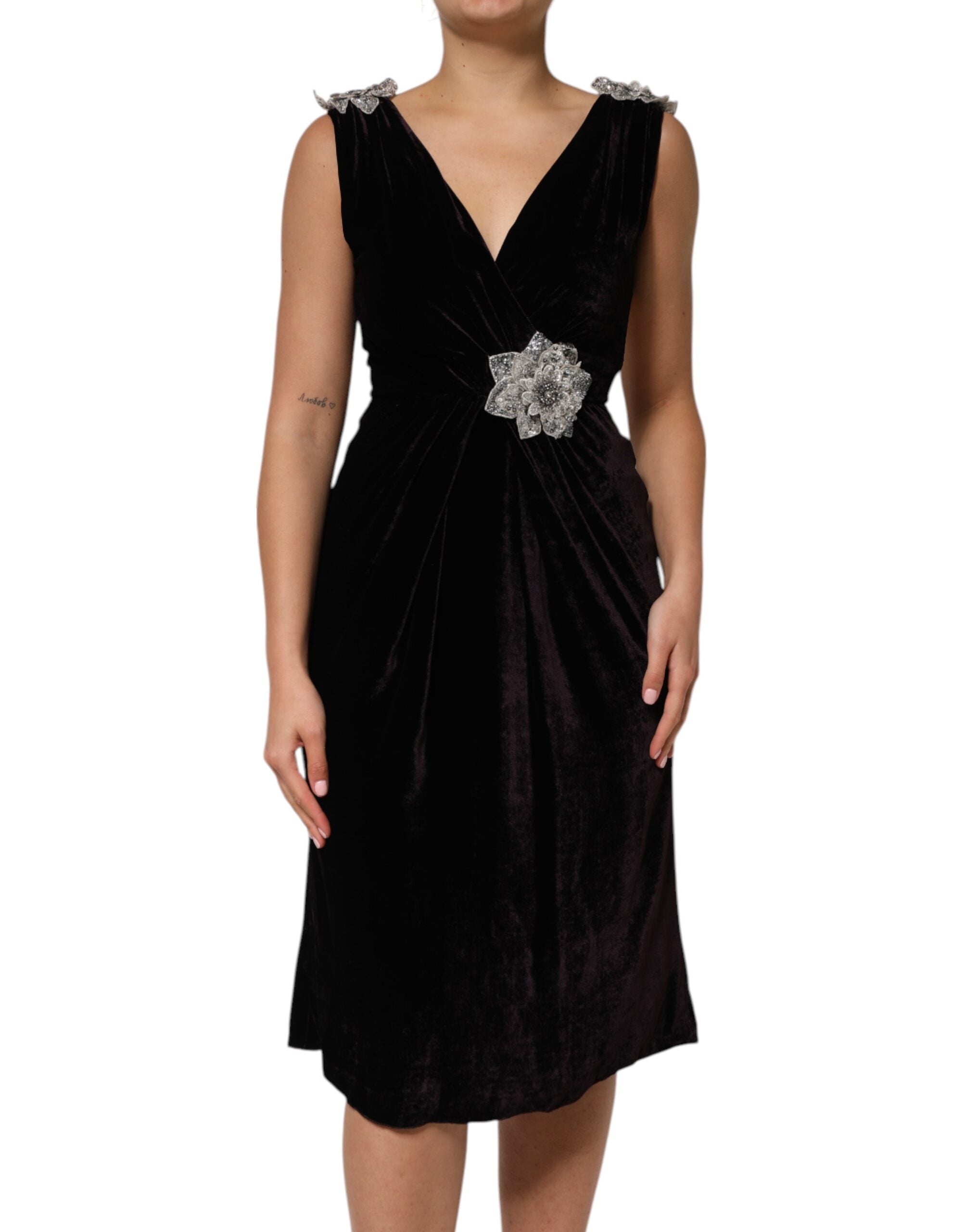 Dolce & Gabbana Black Velvet Flower Embellishment Aline Dress Dolce & Gabbana