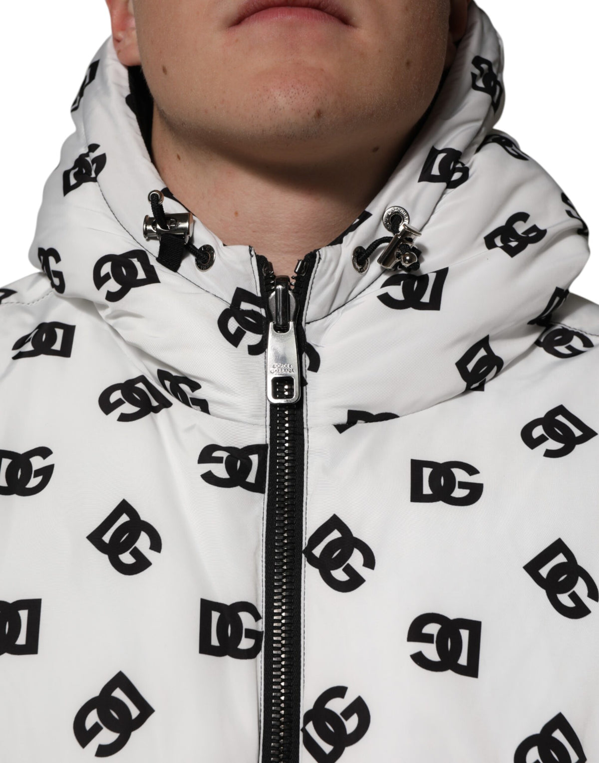 Dolce & Gabbana White DG Monogram Hooded Puffer Jacket