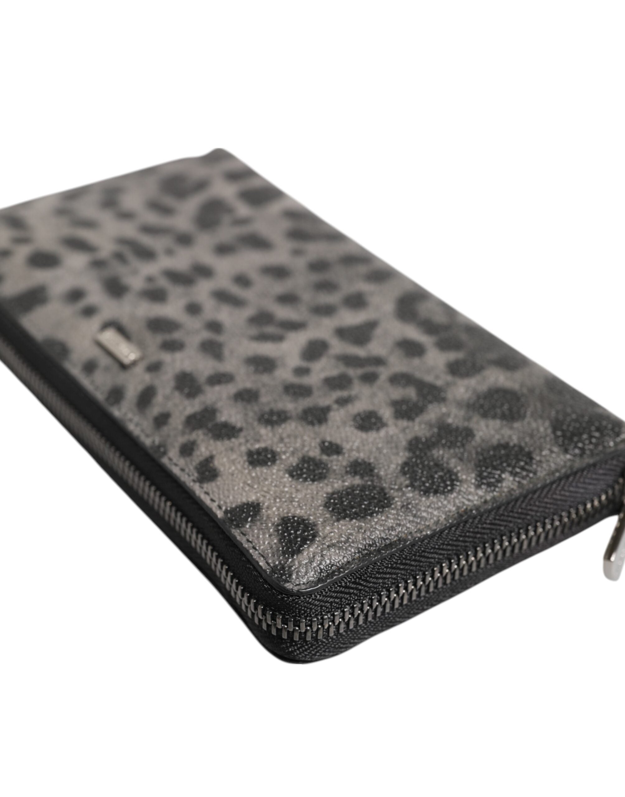 Dolce & Gabbana Black Gray Leopard Leather Zip Around Continental Wallet