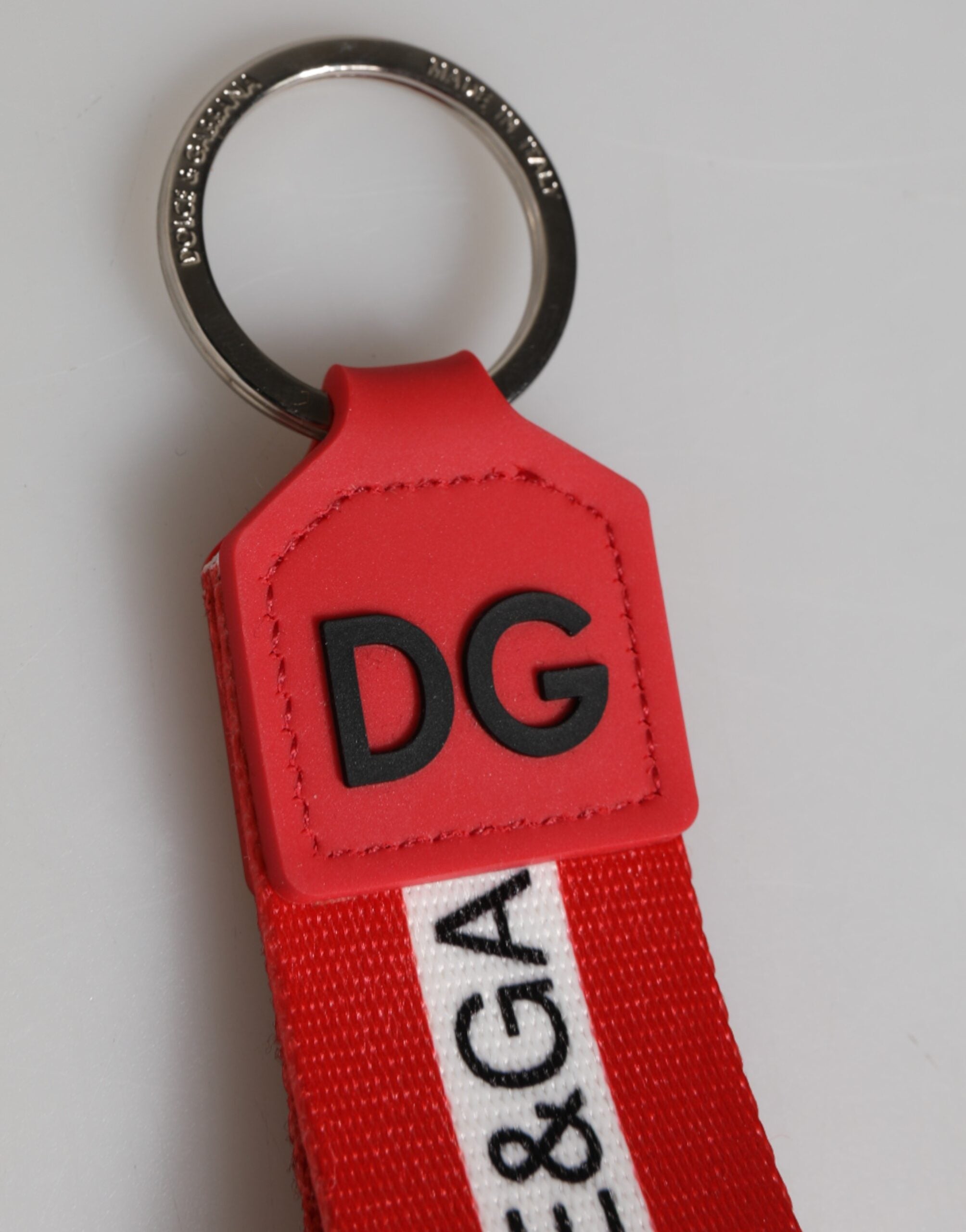Dolce & Gabbana Red Logo Polyester Silver Brass Holder Keychain Keyring Dolce & Gabbana