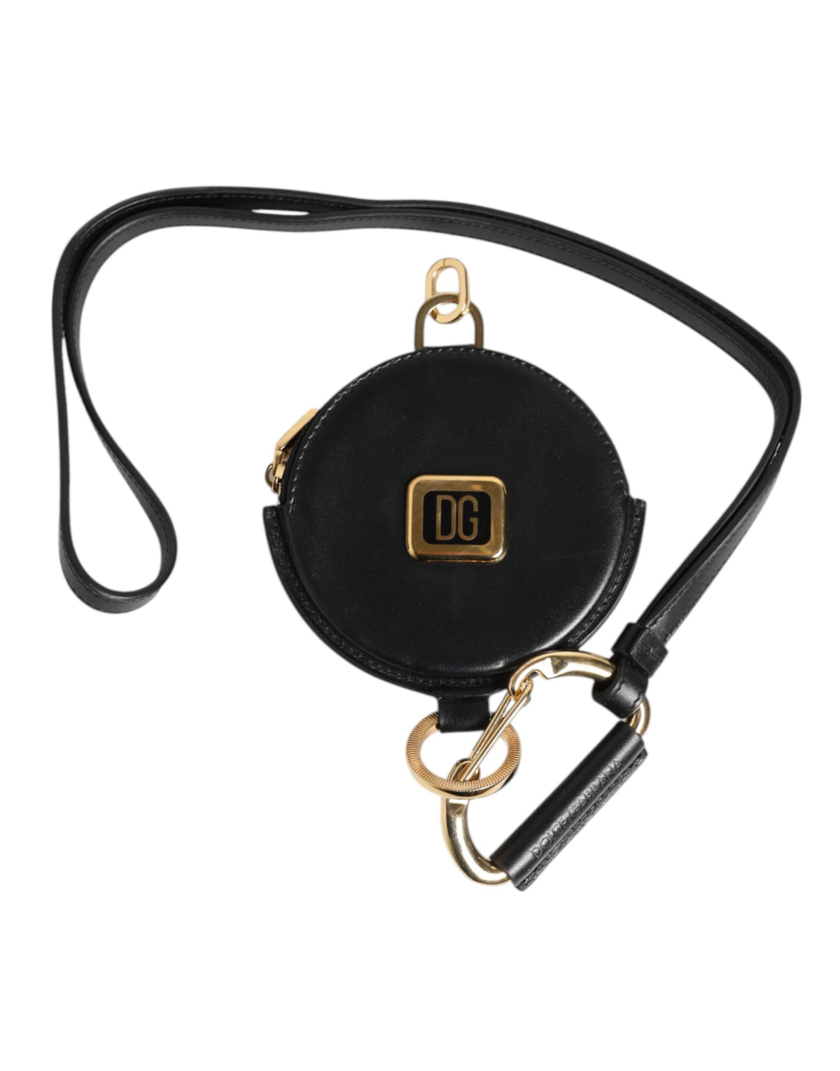 Dolce & Gabbana Black Round Leather DG Logo Coin Purse Lanyard Wallet