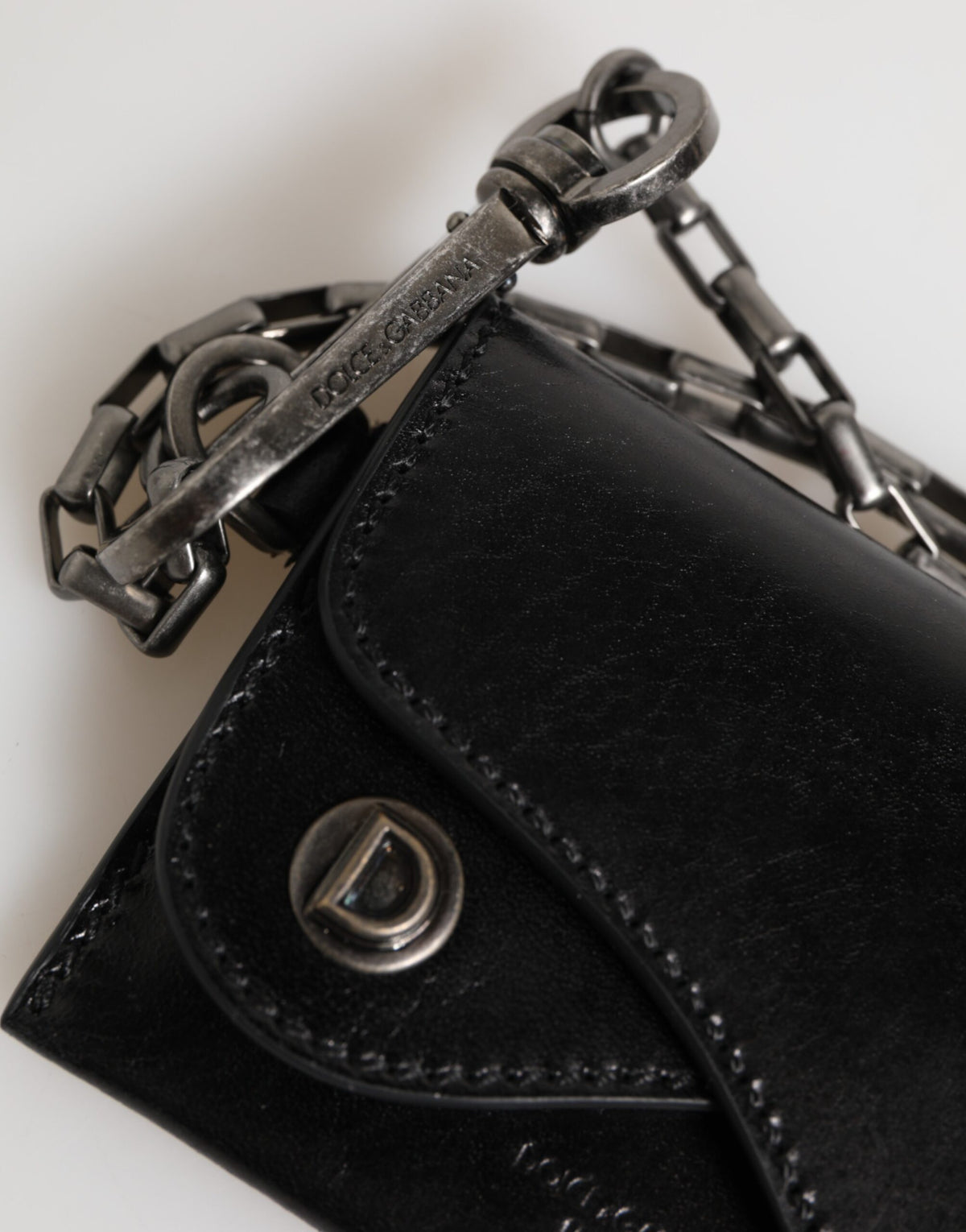 Dolce & Gabbana Black Cavallo Leather Wallet Chain Snap Bifold Card Holder