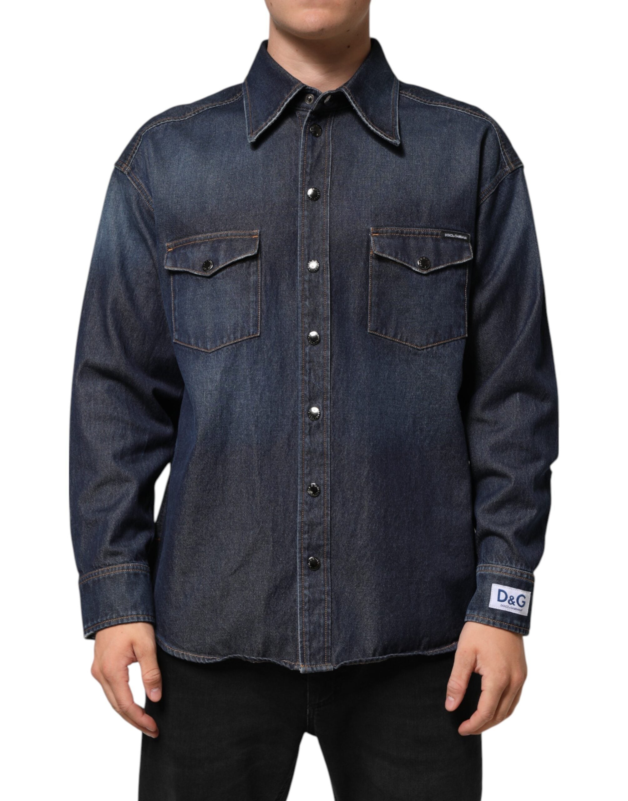 Dolce & Gabbana Blue Denim Button Casual Logo Patch Men Shirt Dolce & Gabbana