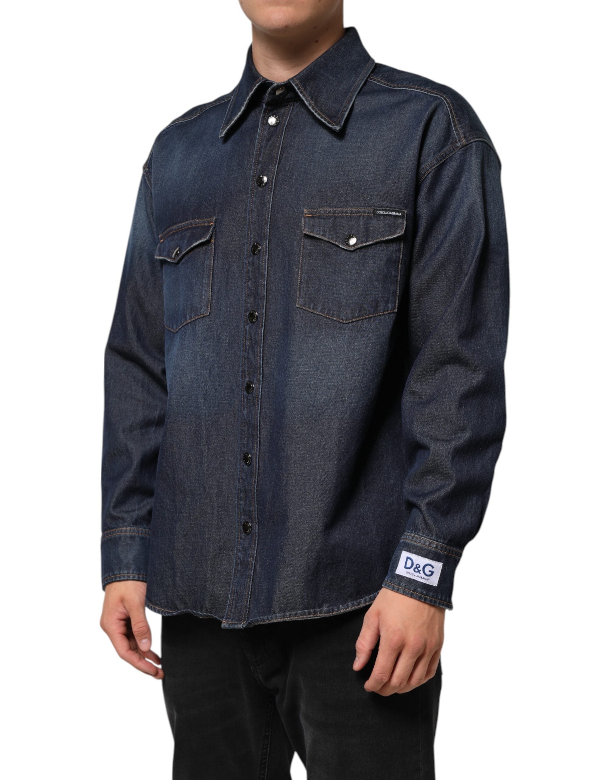 Dolce & Gabbana Blue Denim Button Casual Logo Patch Men Shirt Dolce & Gabbana